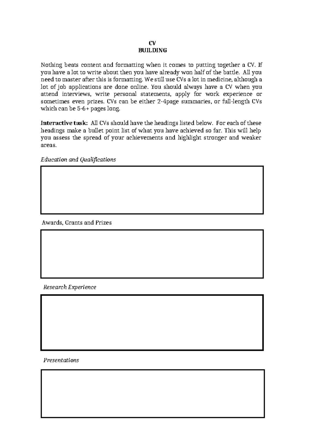 CV Building Template Medicine 2 - CV BUILDING Nothing beats content and ...