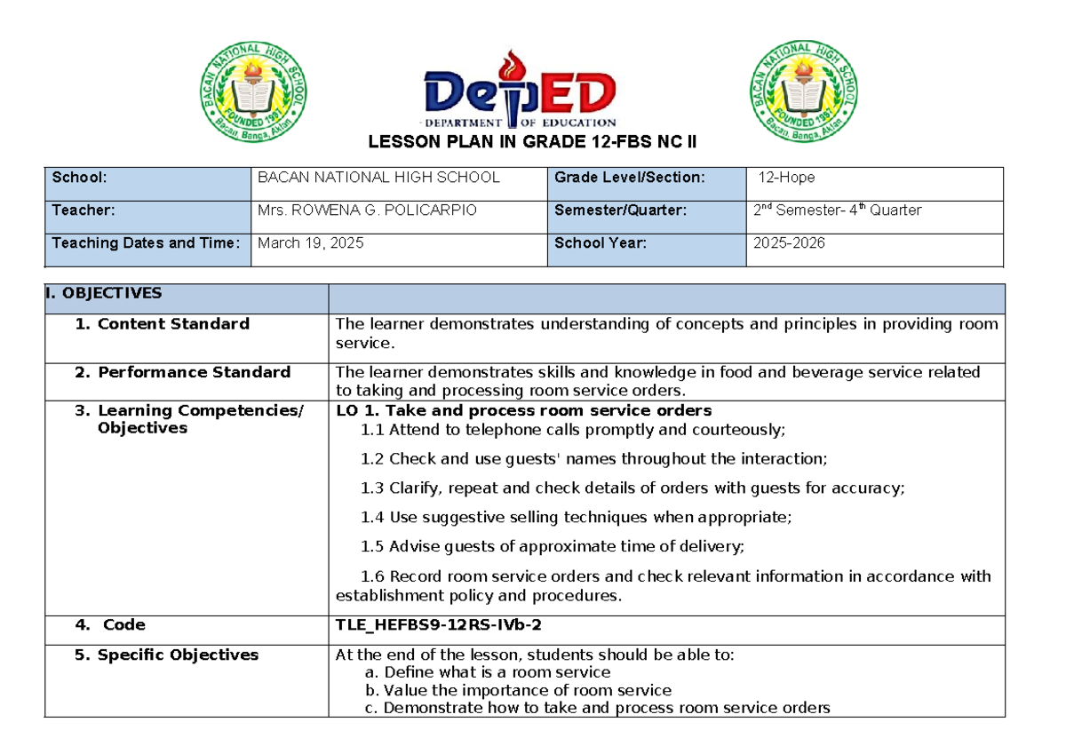 COT-DLP-FBS-NCII-Q4-Lesson Plan: Taking Room Service Orders - Studocu