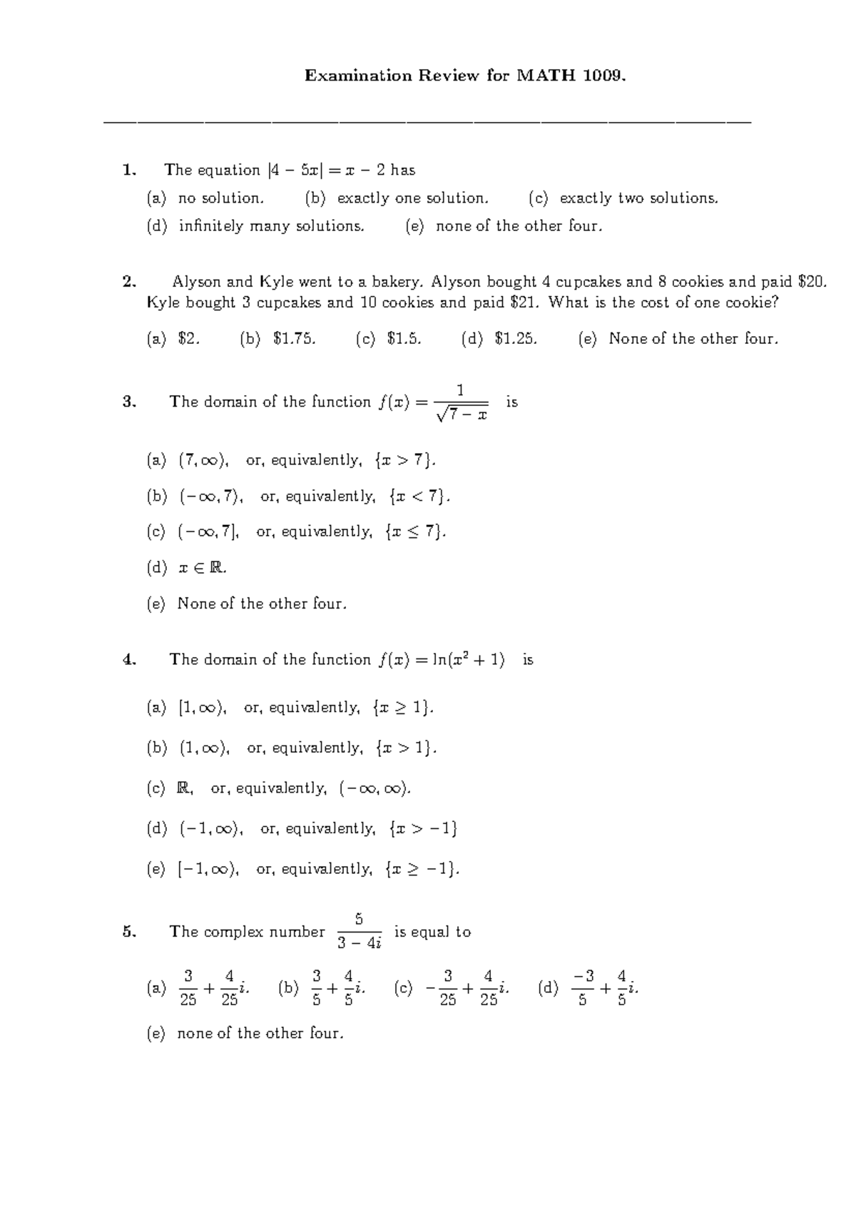 MATH 1009 Final Exam Review - Fall 2024 - Studocu