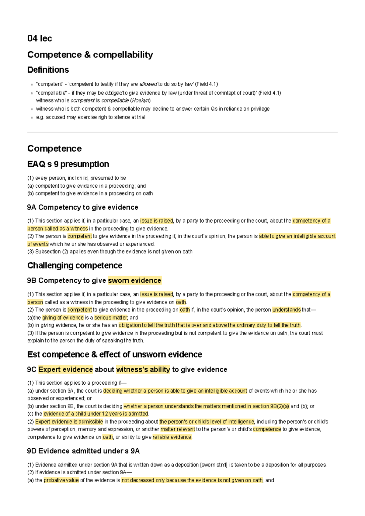 Laws4700 Lecture 4: Competence and Compellability of Witnesses - Studocu