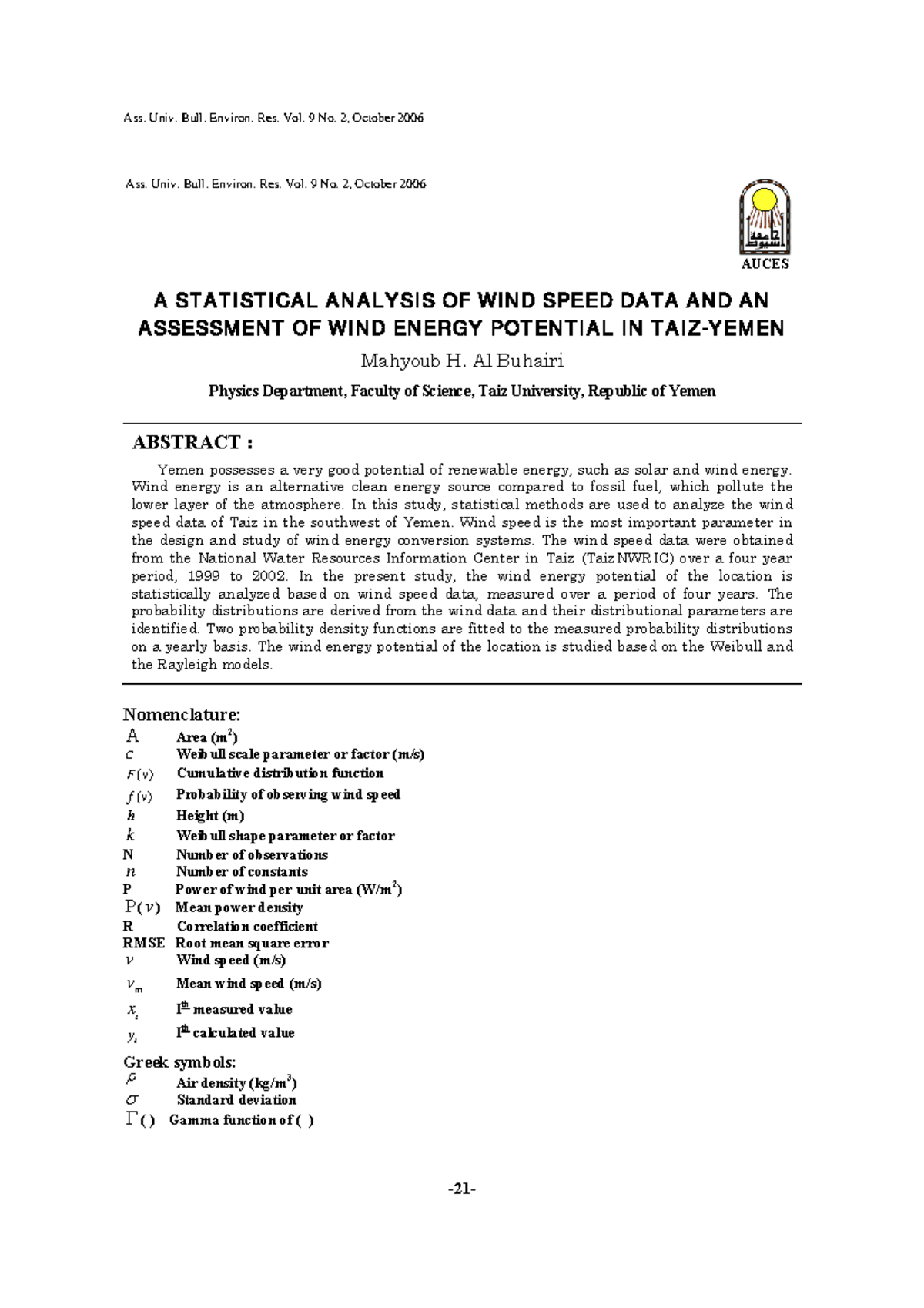 A Statistical Analysis OF WIND Speed DATA AND AN Assessment OF WIND ...