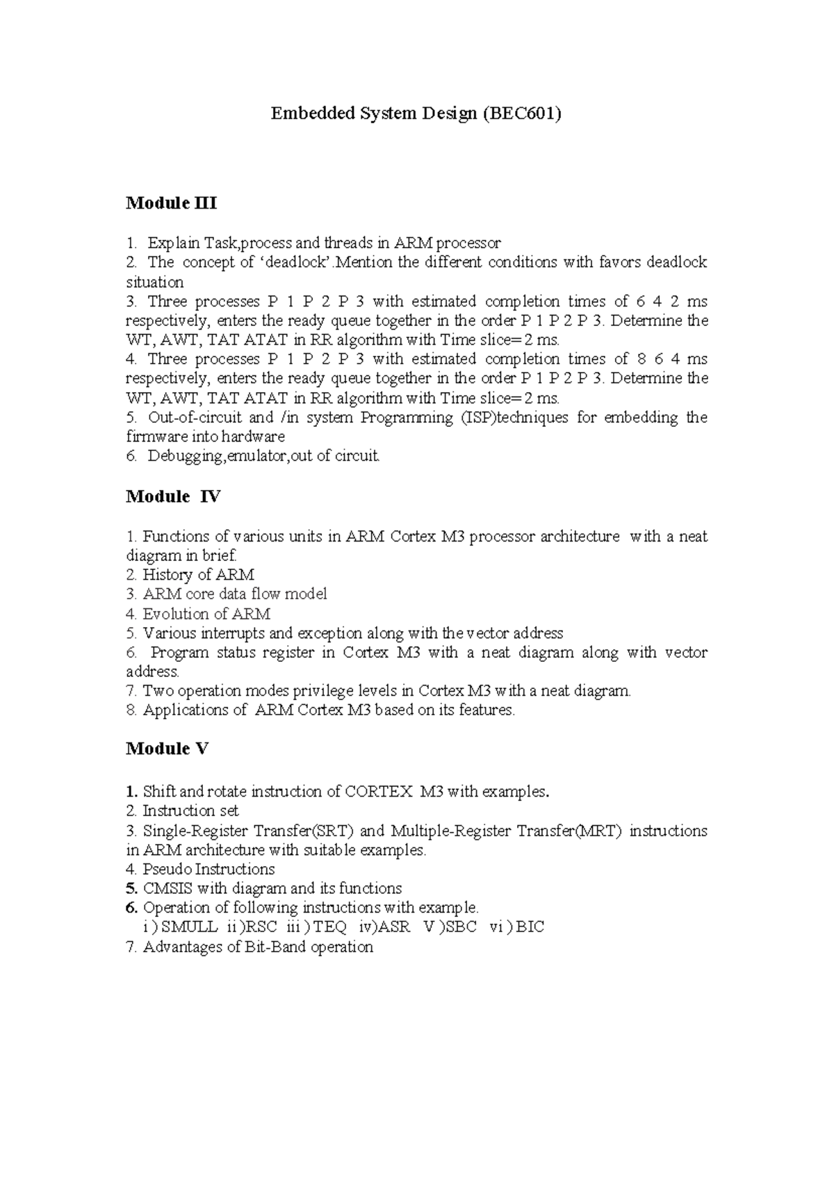 Embedded System Design (BEC601) Question Bank and Concepts Overview ...