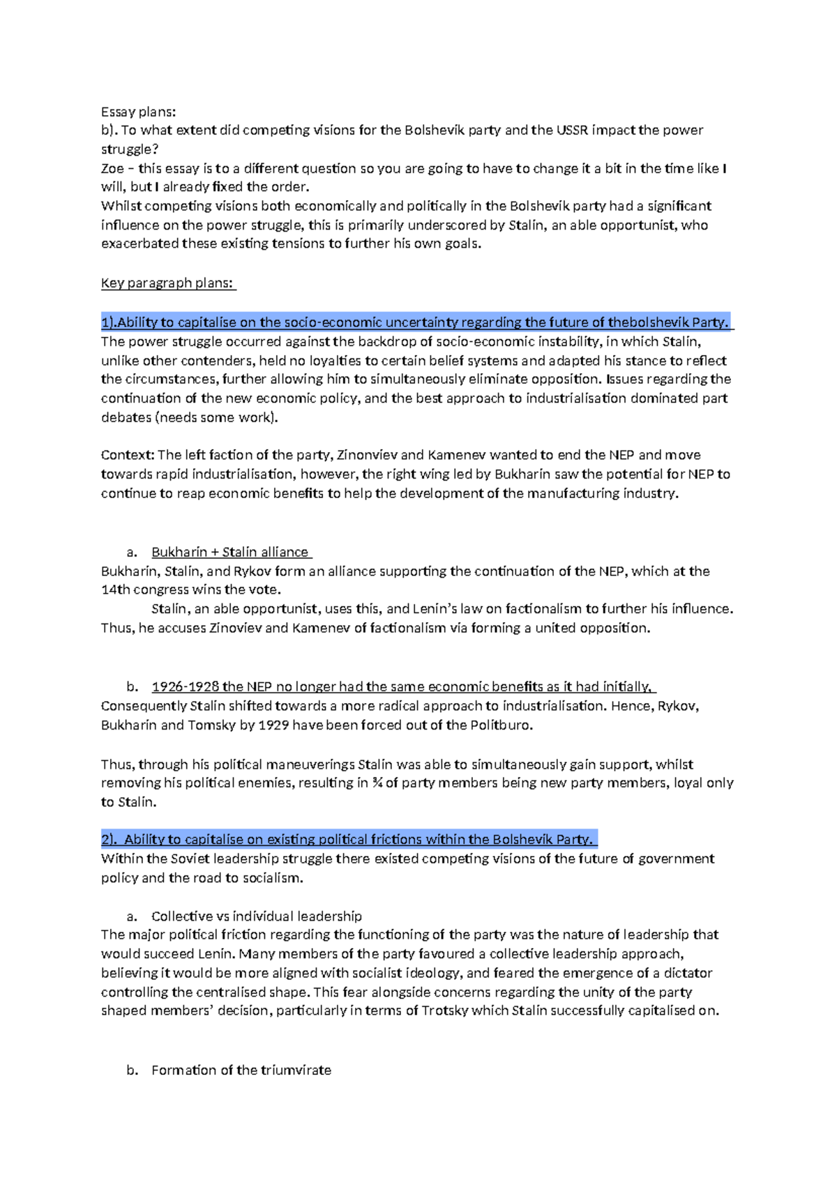 Essay Plans: Competing Visions in the Bolshevik Power Struggle (HIST ...