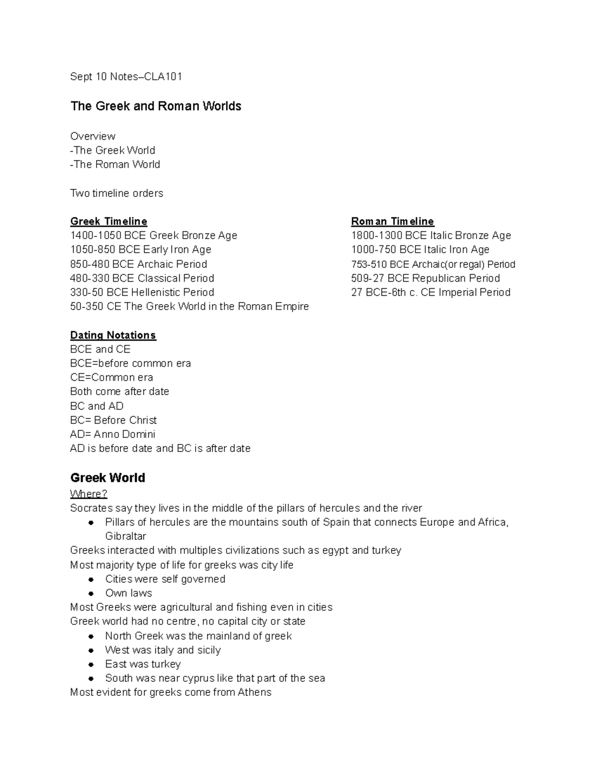 CLA101 Greek and Roman Worlds Overview Notes - Studocu