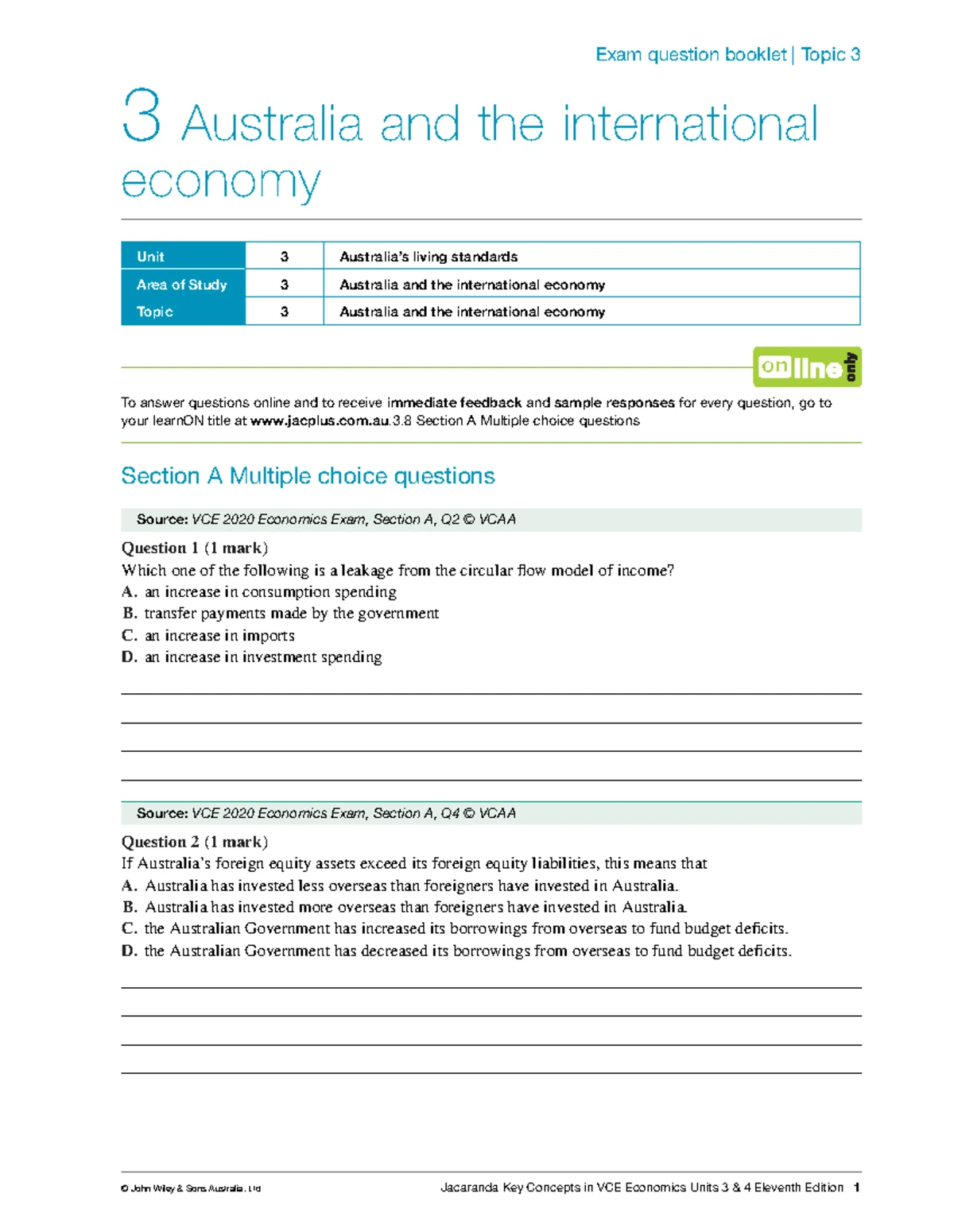 Unit 3 Economics Practice SAC: Australia & Global Economy MCQ & Short ...