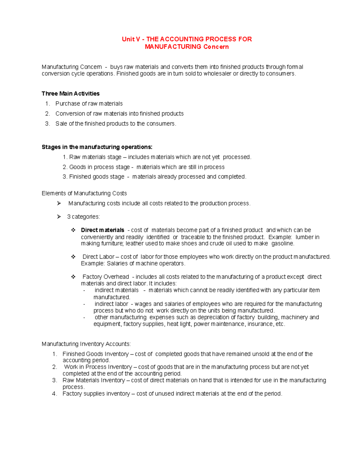 Unit V: The Accounting Process for Manufacturing Concerns - Studocu