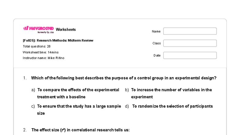 [Fall 25] Research Methods: Midterm Review Worksheet with 28 Questions ...