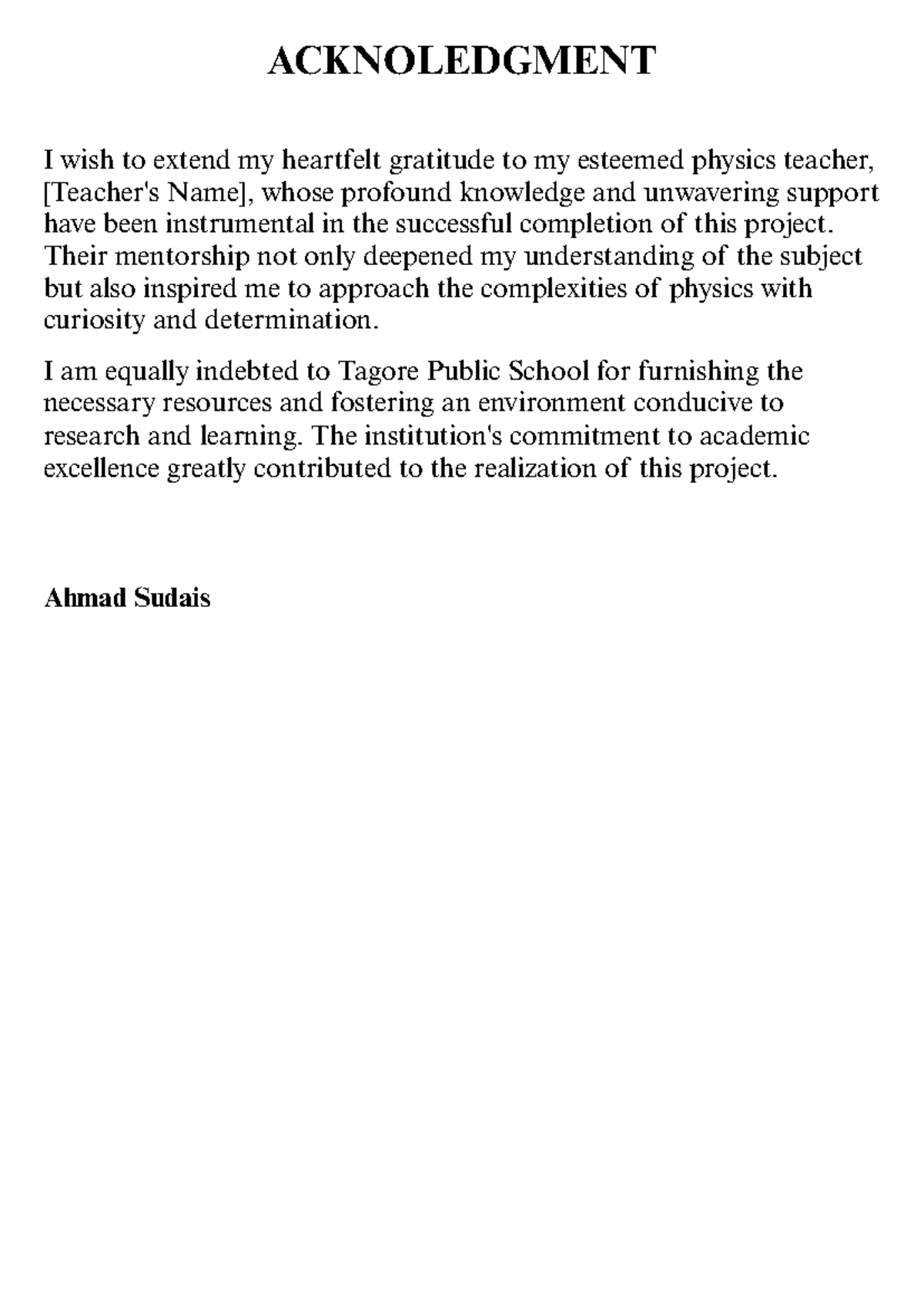Acknoledgment - Acknowledgment pr physics students for project or ...