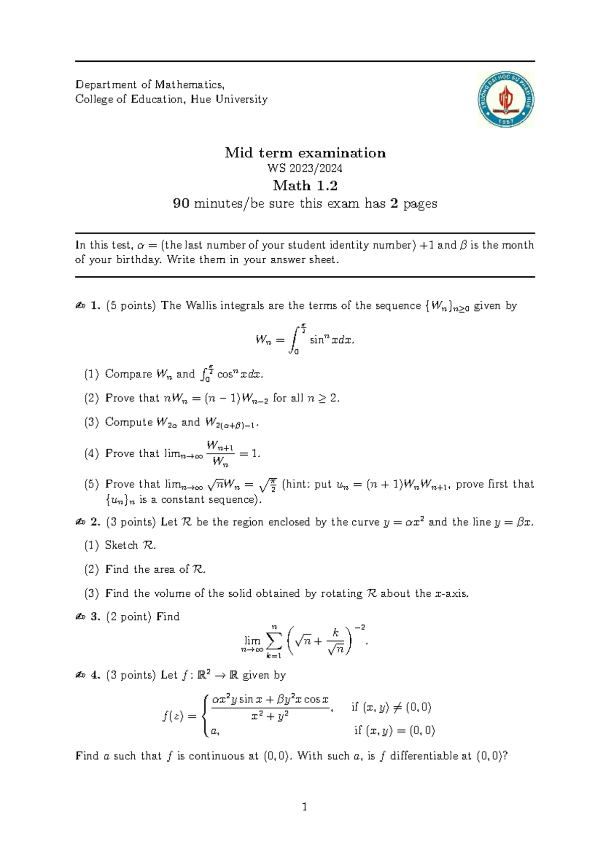 Midterm Exam 1 - Math 1 - Department of Mathematics, WS 2023 - Studocu