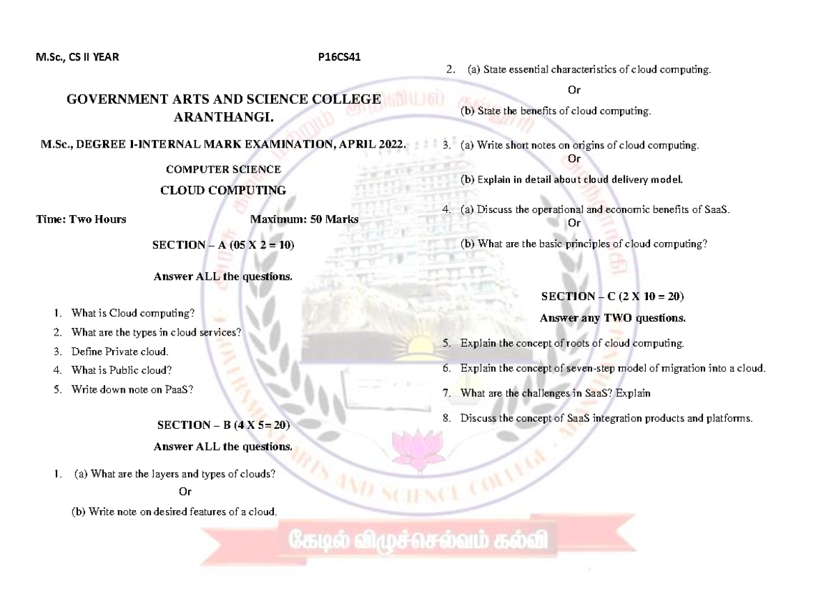 M.Sc. CS II Year P16CS41 Model Exam II - Cloud Computing April 2022 ...