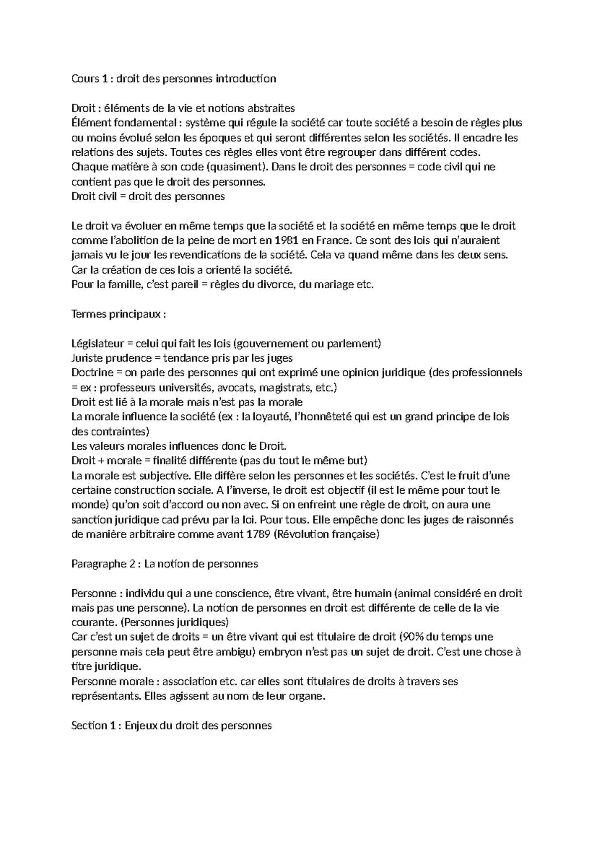 Cours Droit des Personnes : Introduction et Notions Fondamentales - Studocu