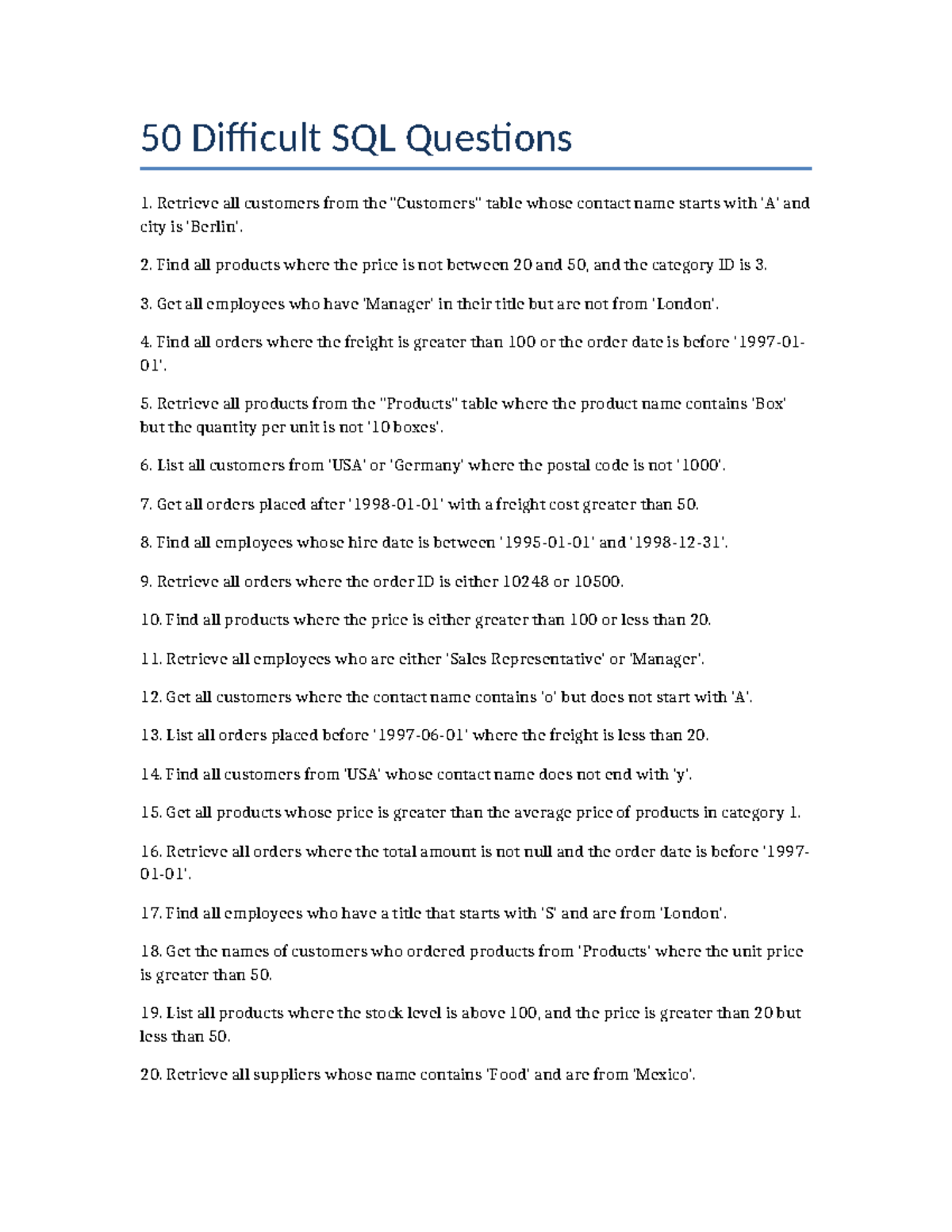 Difficult SQL Questions - Practice Set for Mastery - Studocu