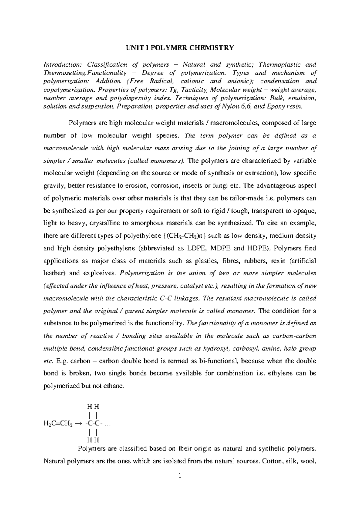 UNIT I - Polymer Chemistry: Types, Properties, and Mechanisms - Studocu
