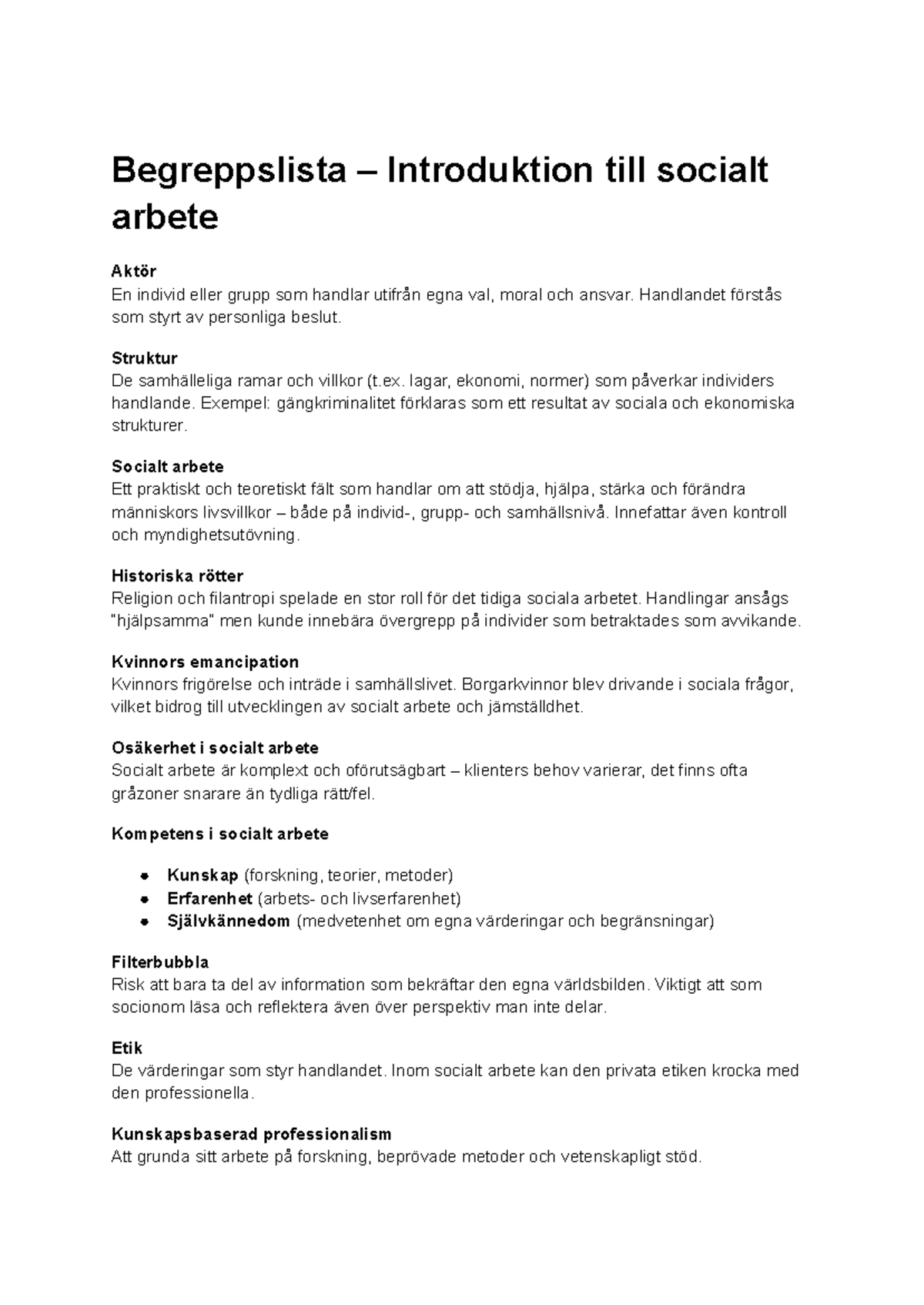 Begreppslista för Introduktion till Socialt Arbete (SA) - Studocu