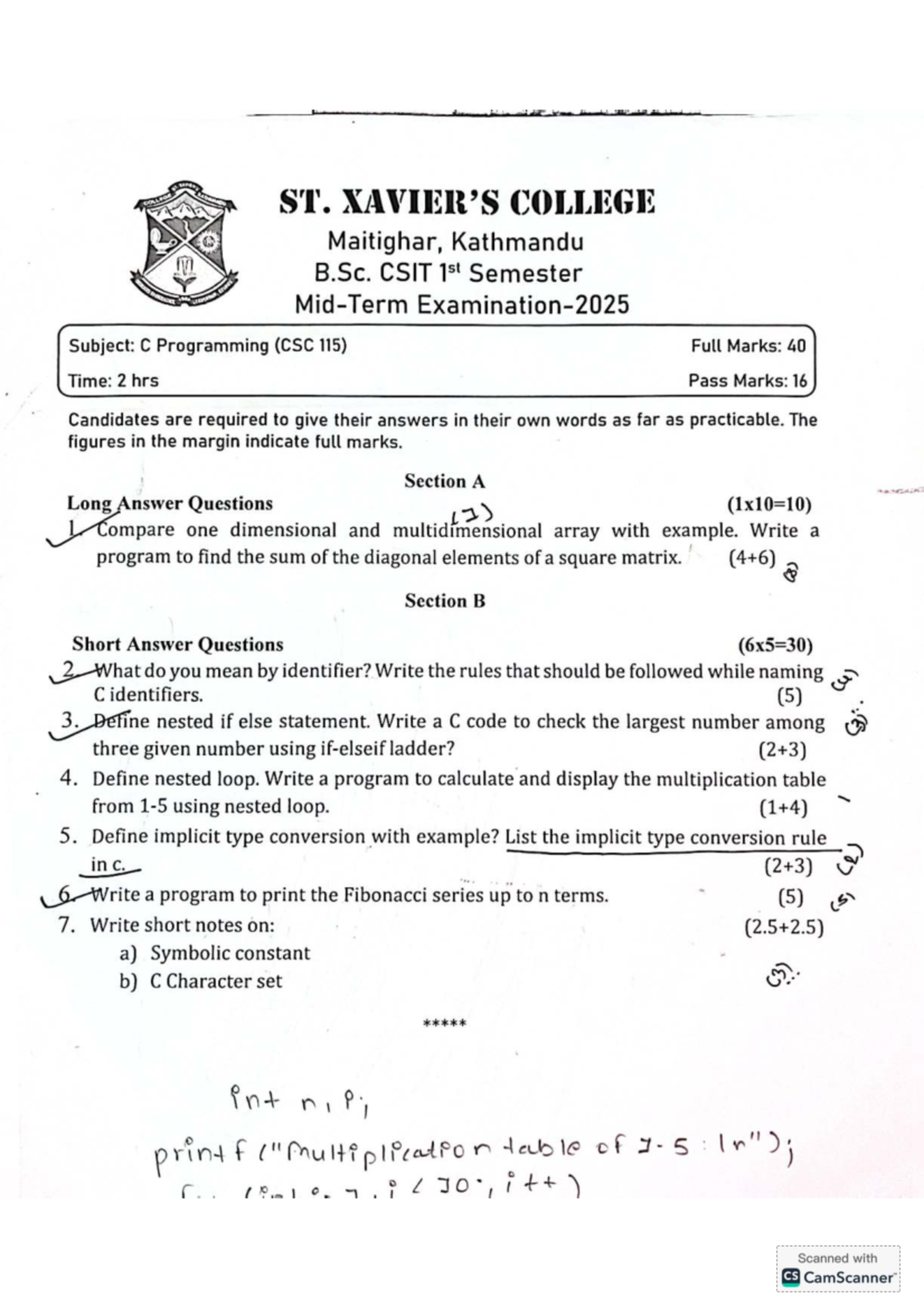 B.Sc. CSIT 1st Sem Midterm Exam Questions (CSC 115, CSC 114, CSC 116 ...
