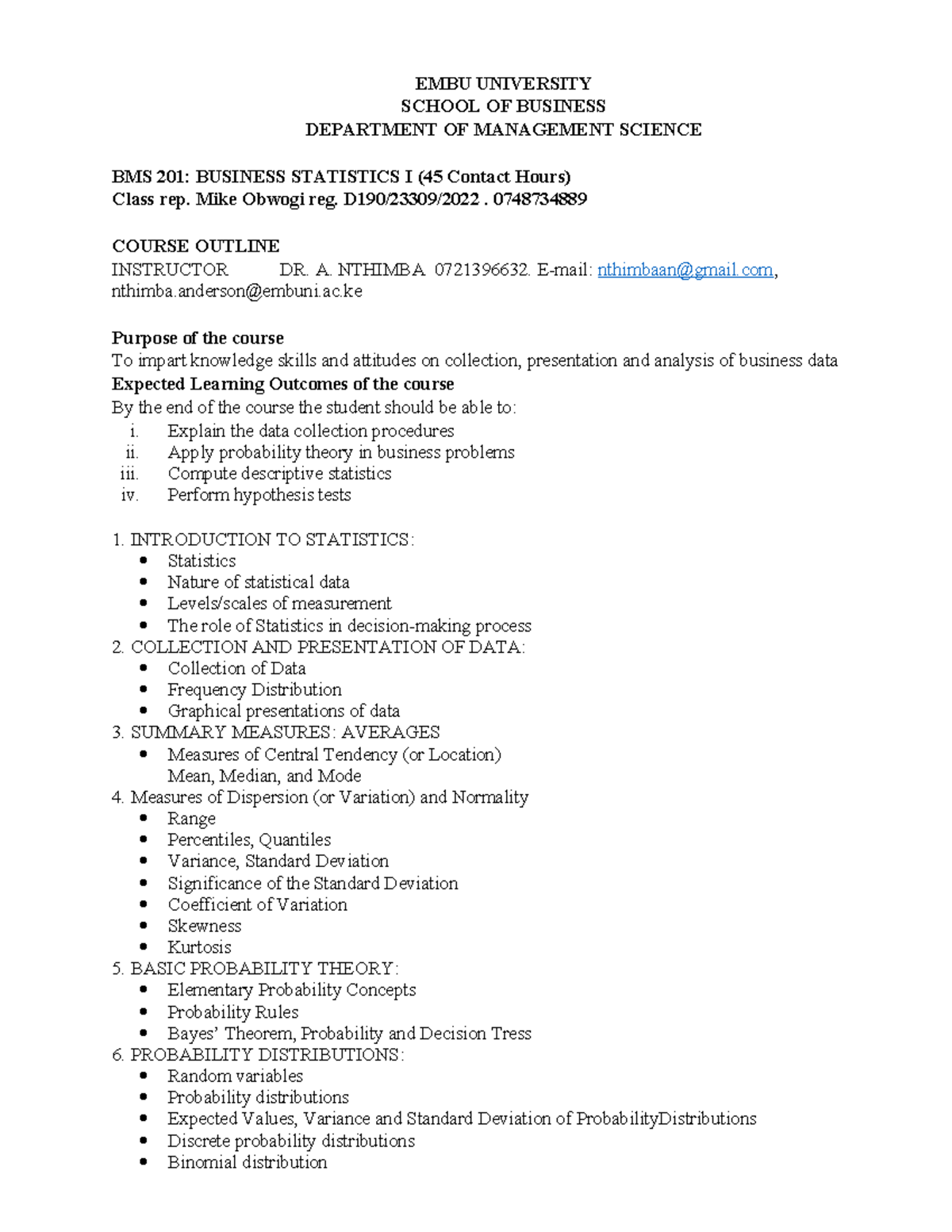 BMS 201 Business Statistics I Course Outline and Learning Goals - Studocu