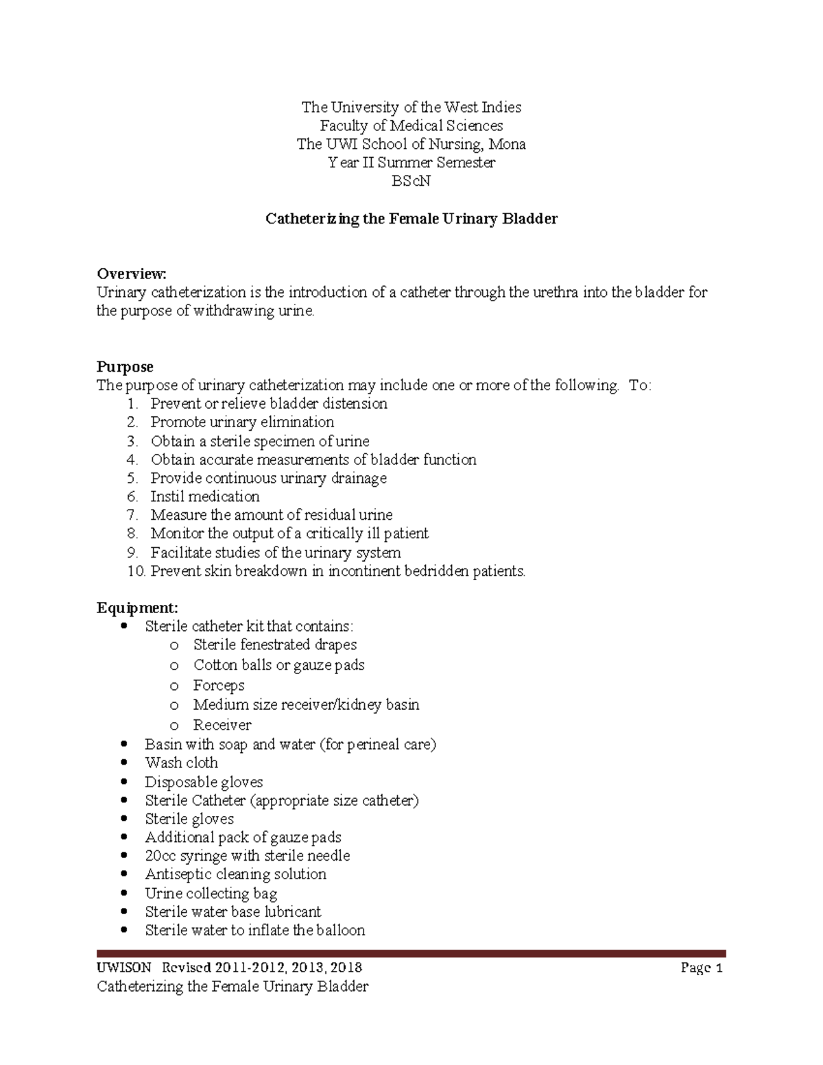 BScN Year II Summer: Catheterizing the Female Urinary Bladder Guide ...