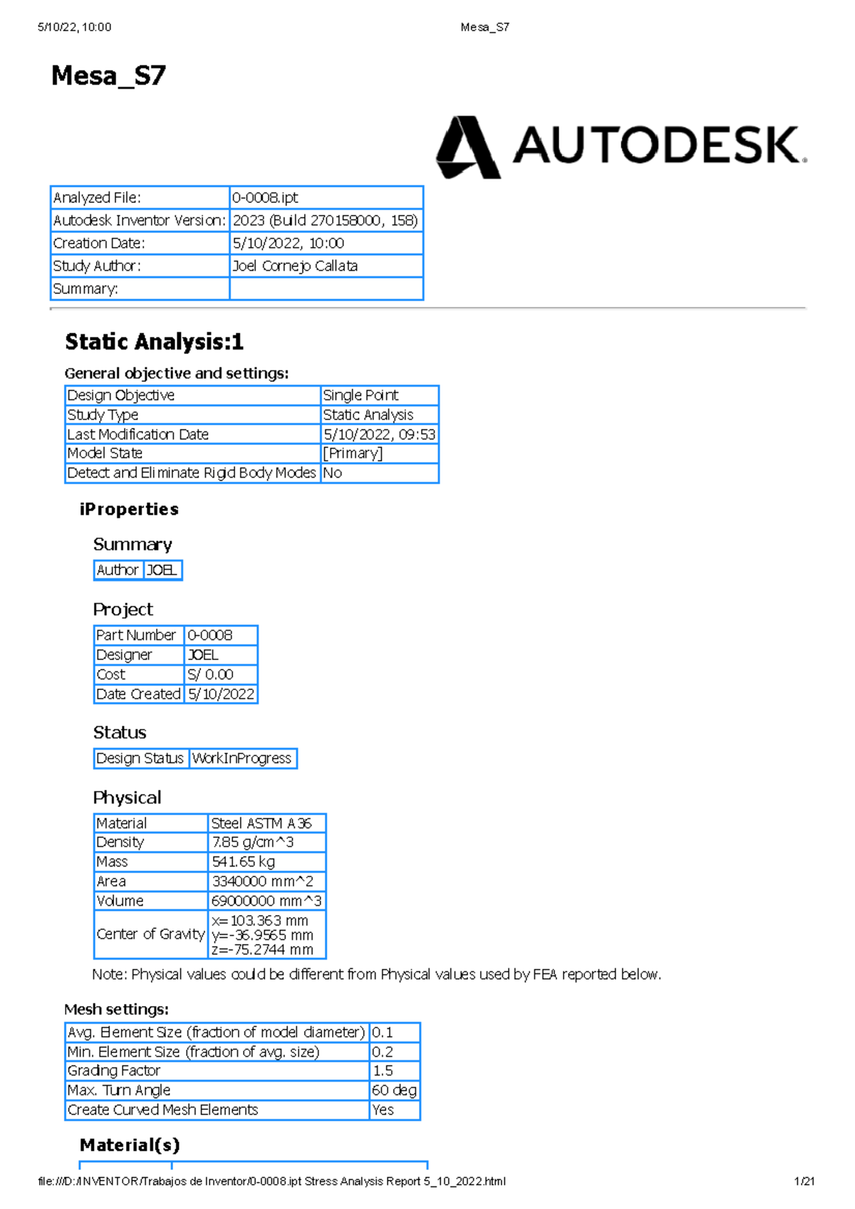Static Analysis Report for Autodesk Inventor S7 C22 2022-2 - Studocu
