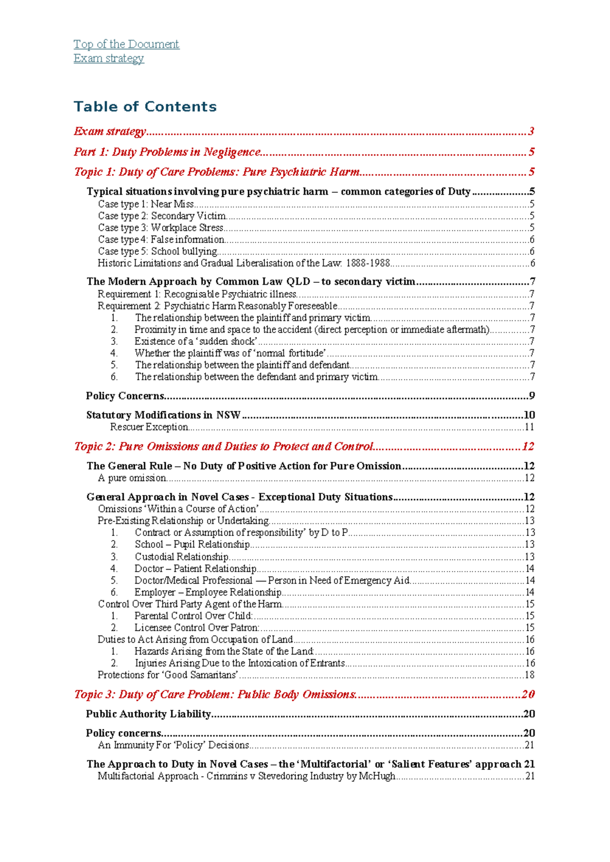 LAWS2703 - Torts Exam Strategy: Duty of Care and Negligence - Studocu