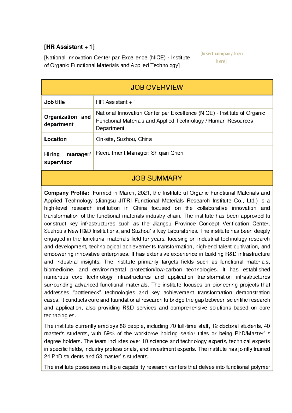 011-NICE Institute HR Assistant Job Overview and Responsibilities - Studocu