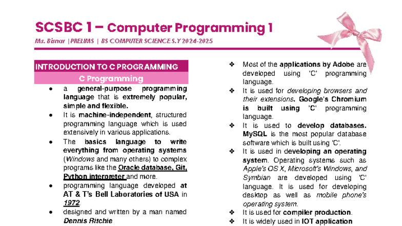 SCSBC 1 Lecture Notes: Introduction to C Programming - Studocu