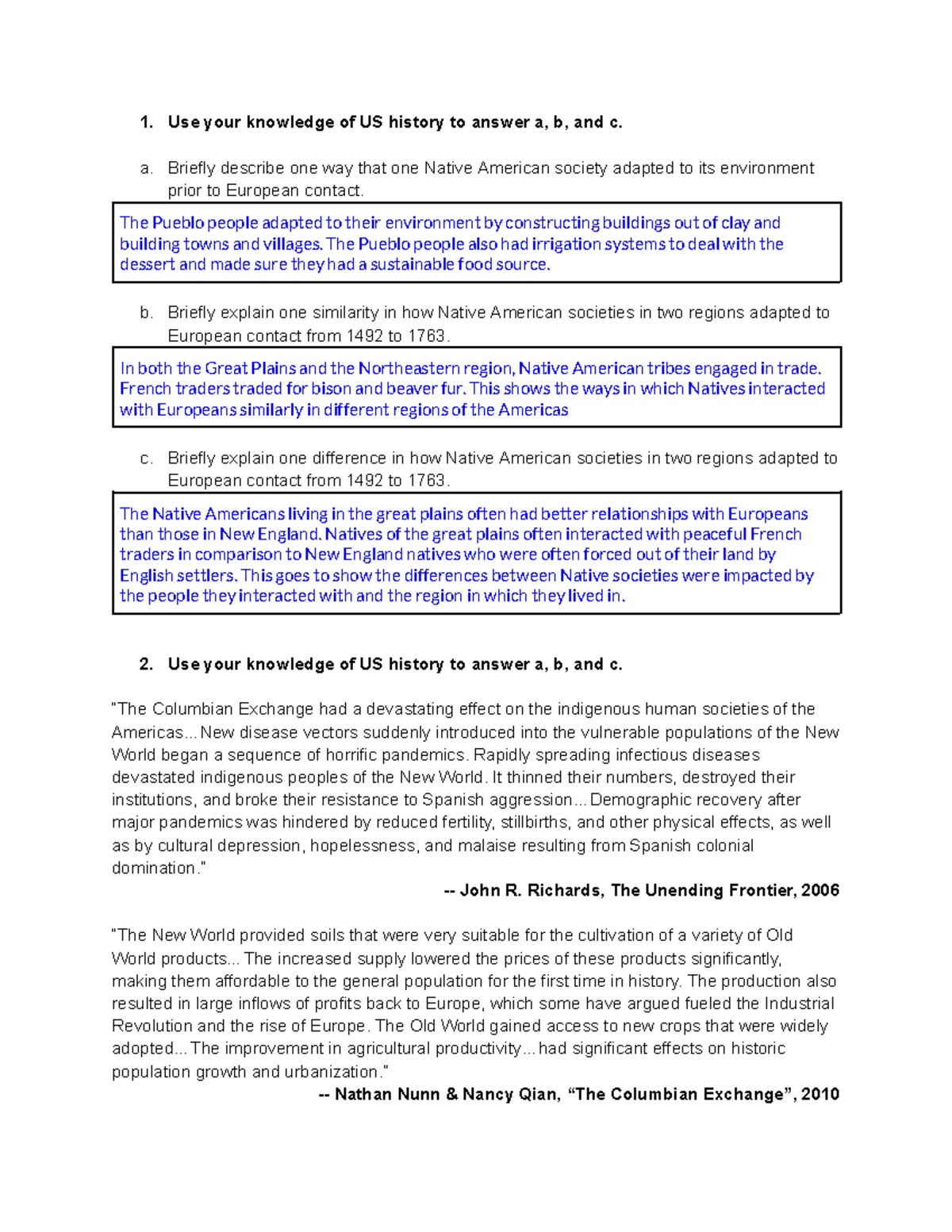Unit 1 SAQs (alt) - Exploring Native American Adaptations & the ...