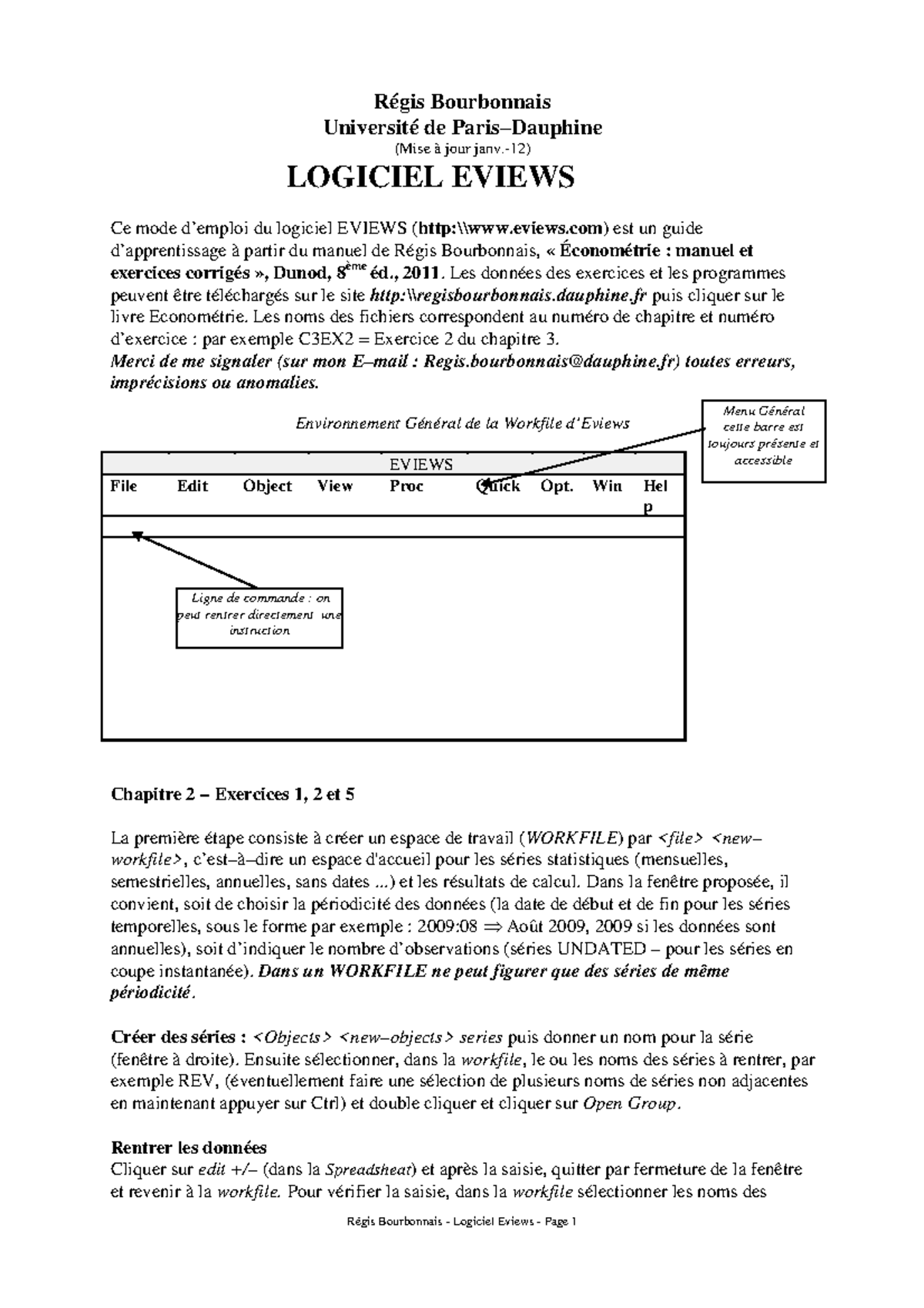 Guide d'Utilisation du Logiciel EVIEWS pour Économétrie (Cours Econo ...