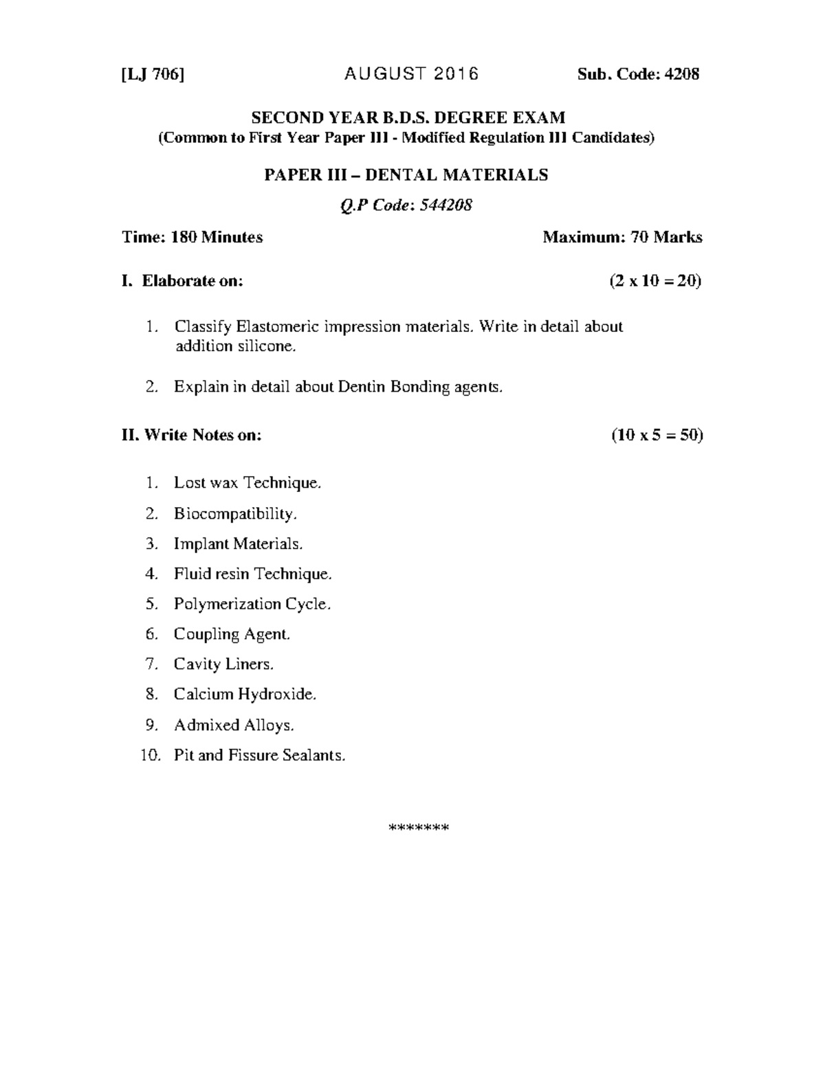 BDS 4208 Second Year Dental Materials Exam Question Papers (2016-2024 ...