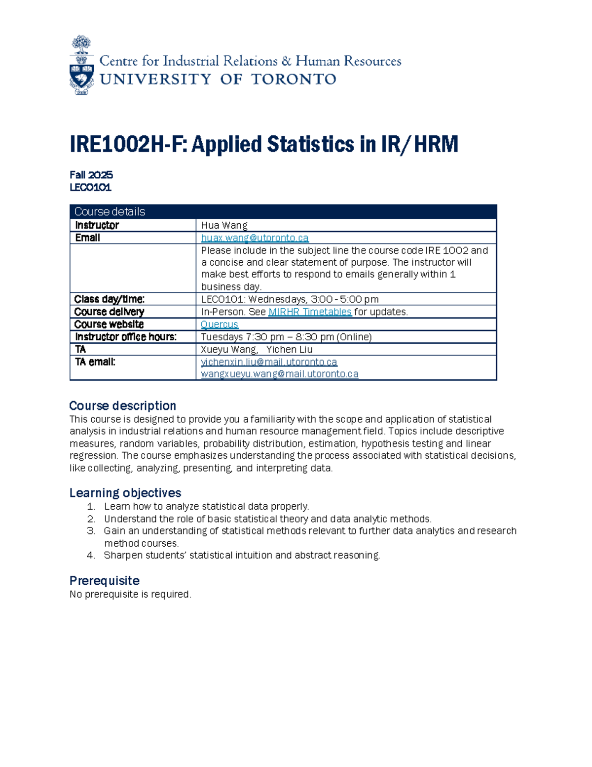 IRE 1002 Applied Statistics Course Overview - Fall 2025 LEC0101 - Studocu