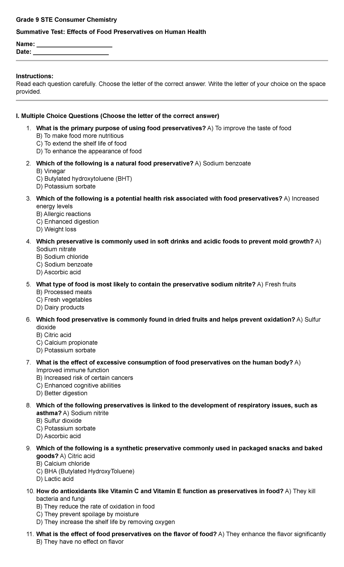 Grade 9 STE Consumer Chemistry: Summative Test on Food Preservatives ...