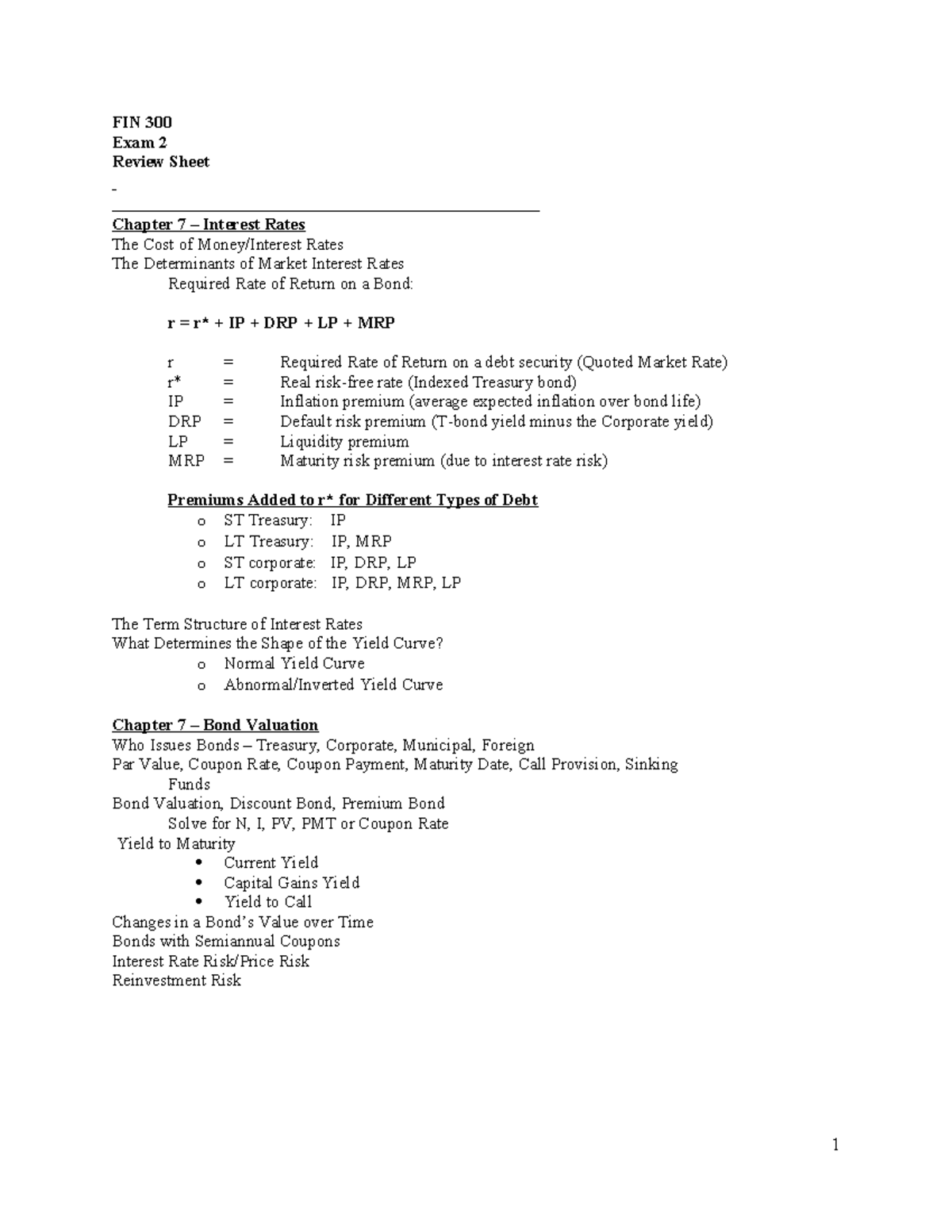FIN 300 Exam 2 Review Sheet: Interest Rates & Bond Valuation Concepts ...