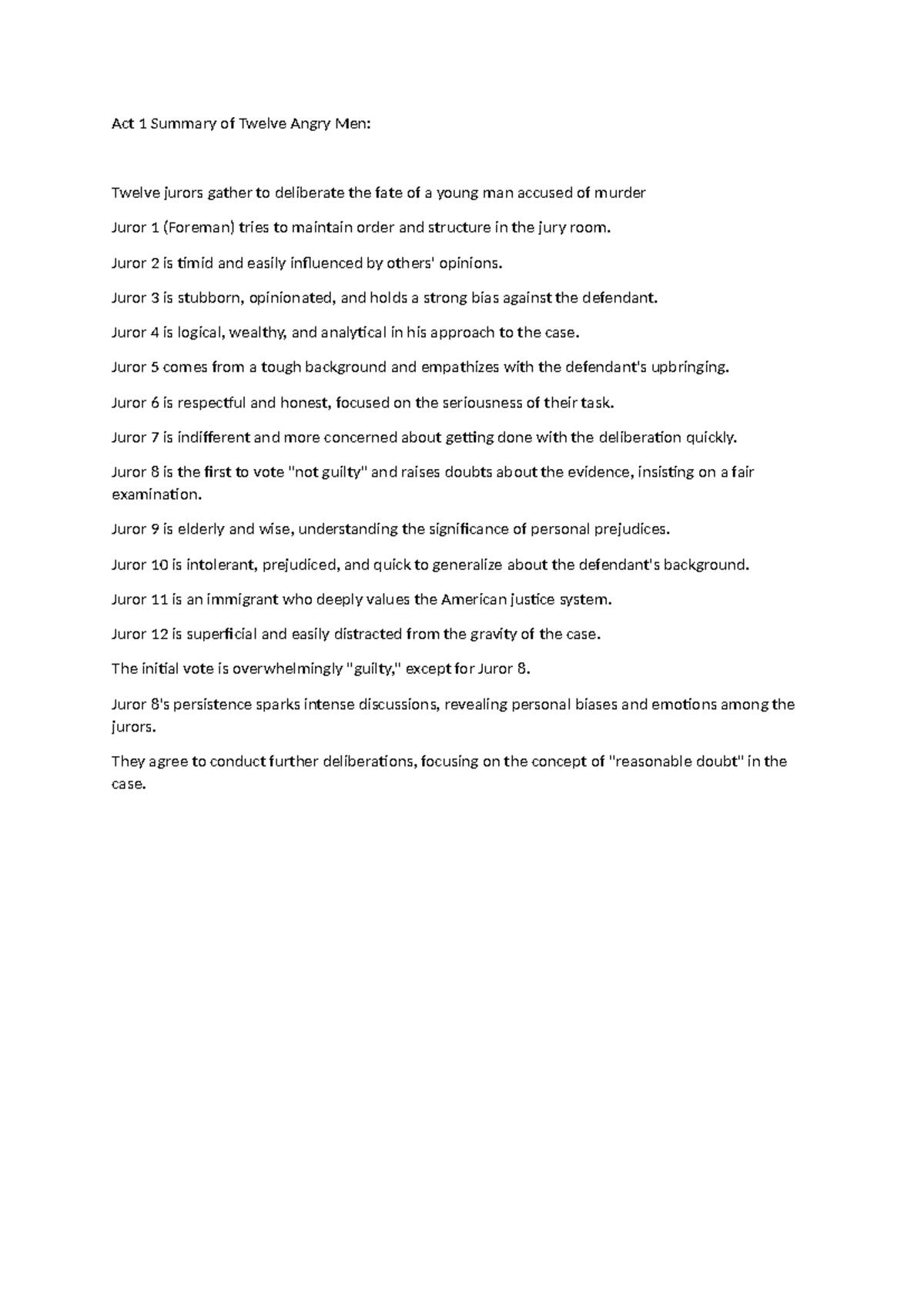 Act 1 Summary of Twelve Angry Men - Juror 2 is timid and easily ...