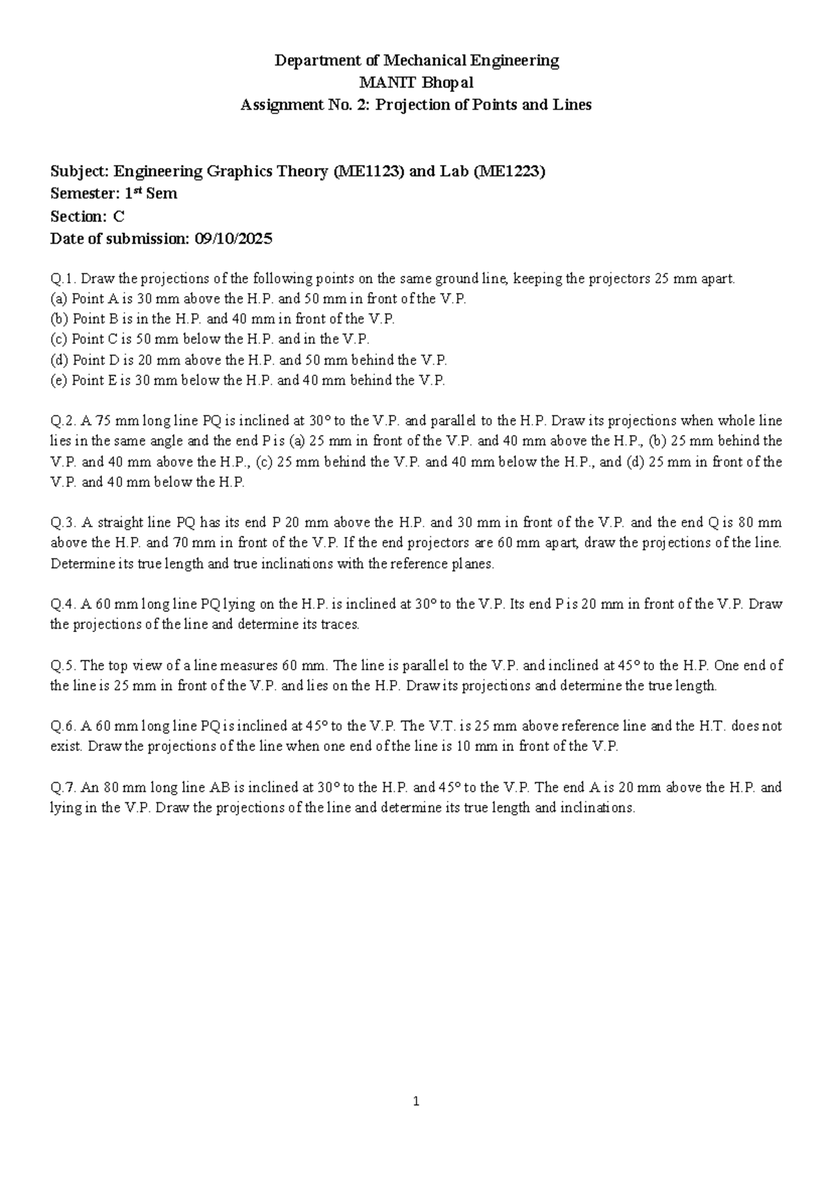 ME1123 & ME1223 Assignment 2: Projections of Points & Lines - Studocu