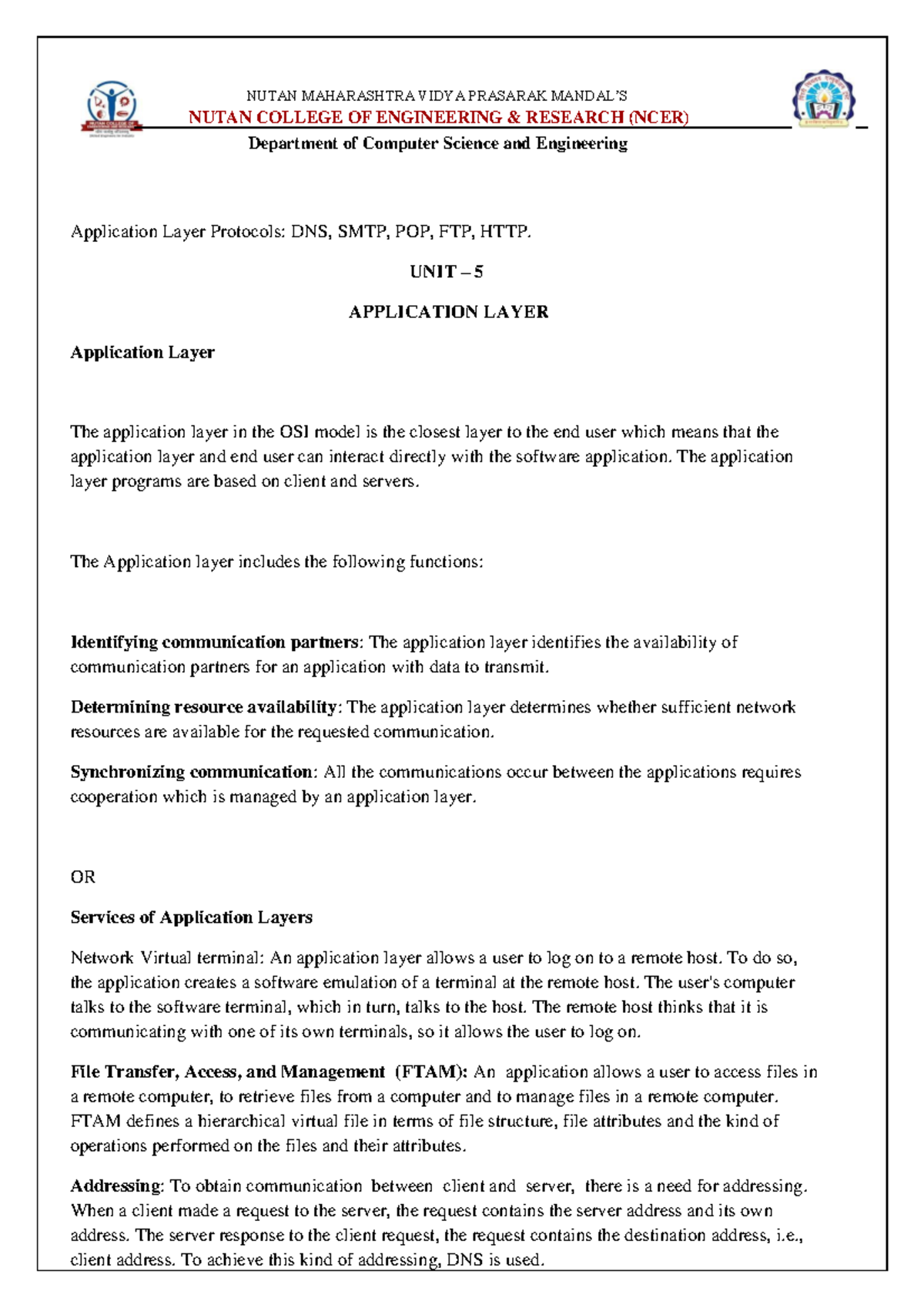 Unit 5 - Application Layer Protocols: DNS, SMTP, POP, FTP, HTTP Notes ...