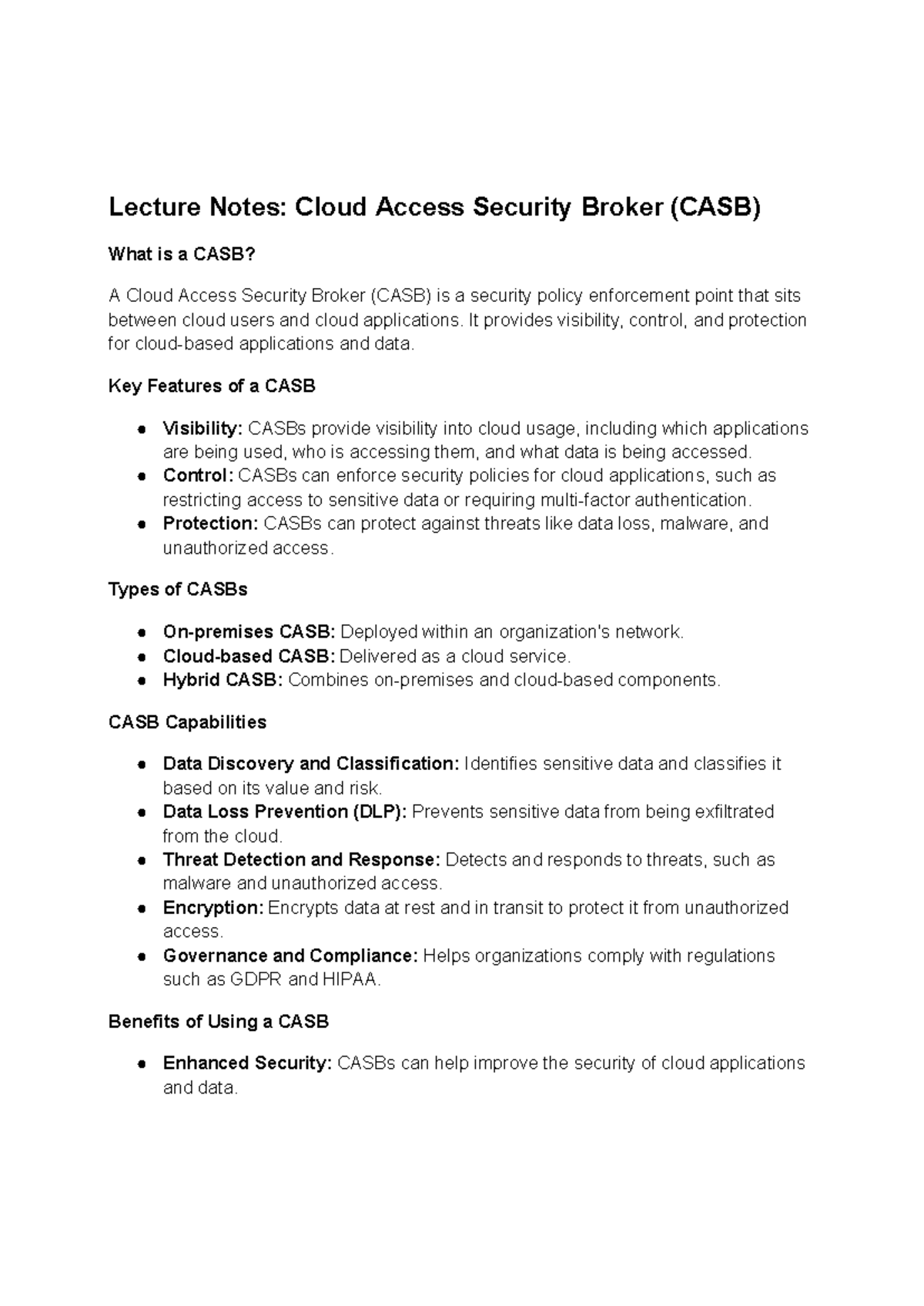 Lecture Notes: Overview of Cloud Access Security Broker (CASB) - Studocu