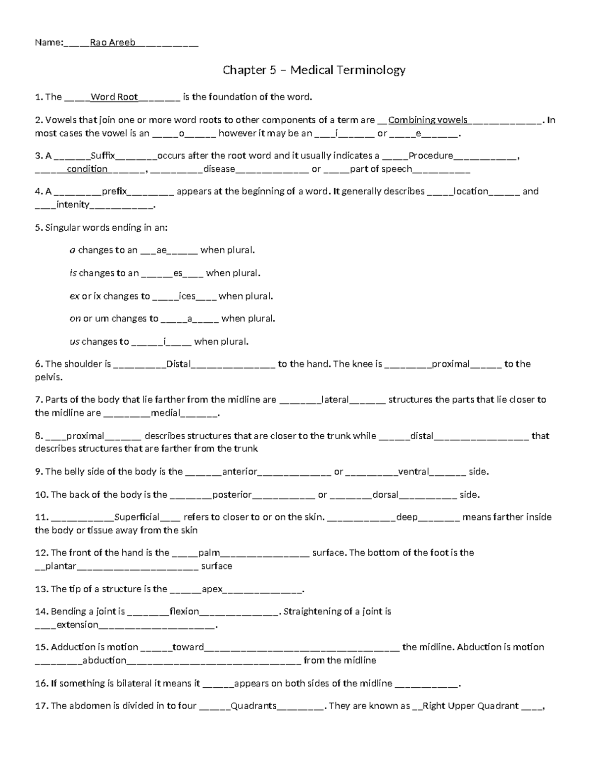 Chapter 5 Medical Terminology Worksheet completed Chapter 5 Medical Terminology The Word
