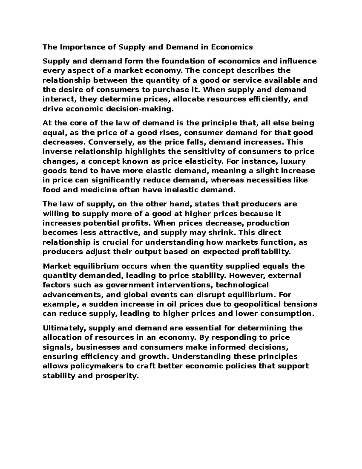 ECO 101: The Role of Supply and Demand in Market Economics - Studocu