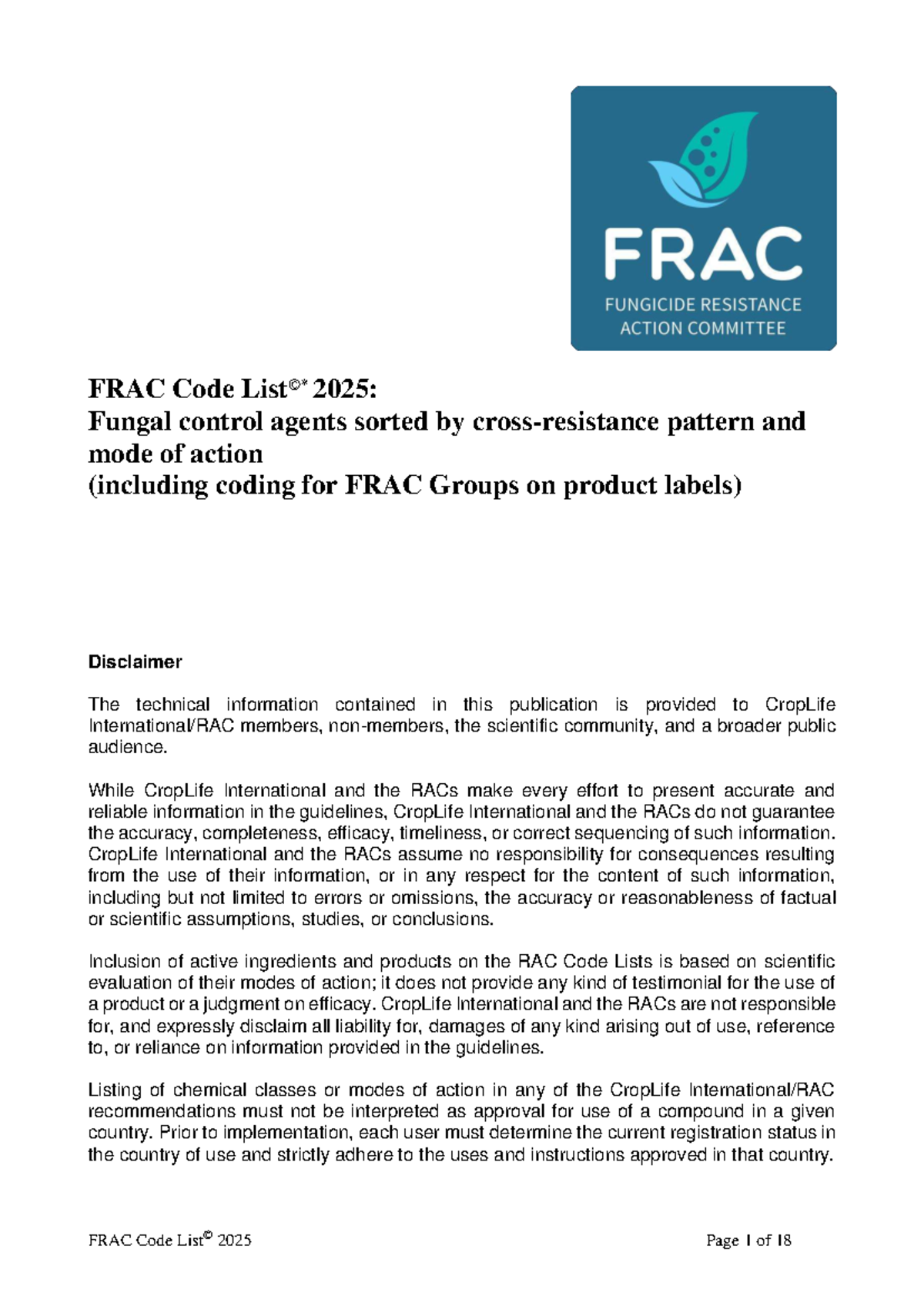FRAC Code 2025: Fungal Control Agents - Modes of Action and Patterns ...