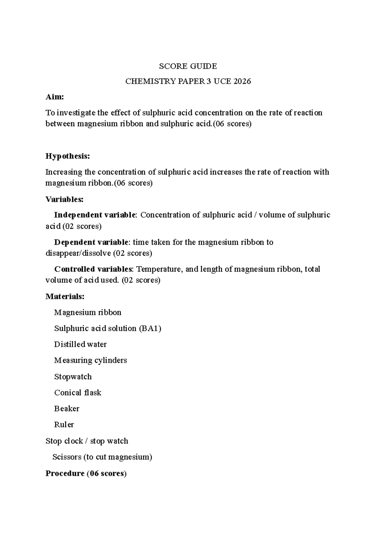 Mocks 2026 UCE CHEMISTRY PAPER 3 Reaction Rate Guide - Studocu