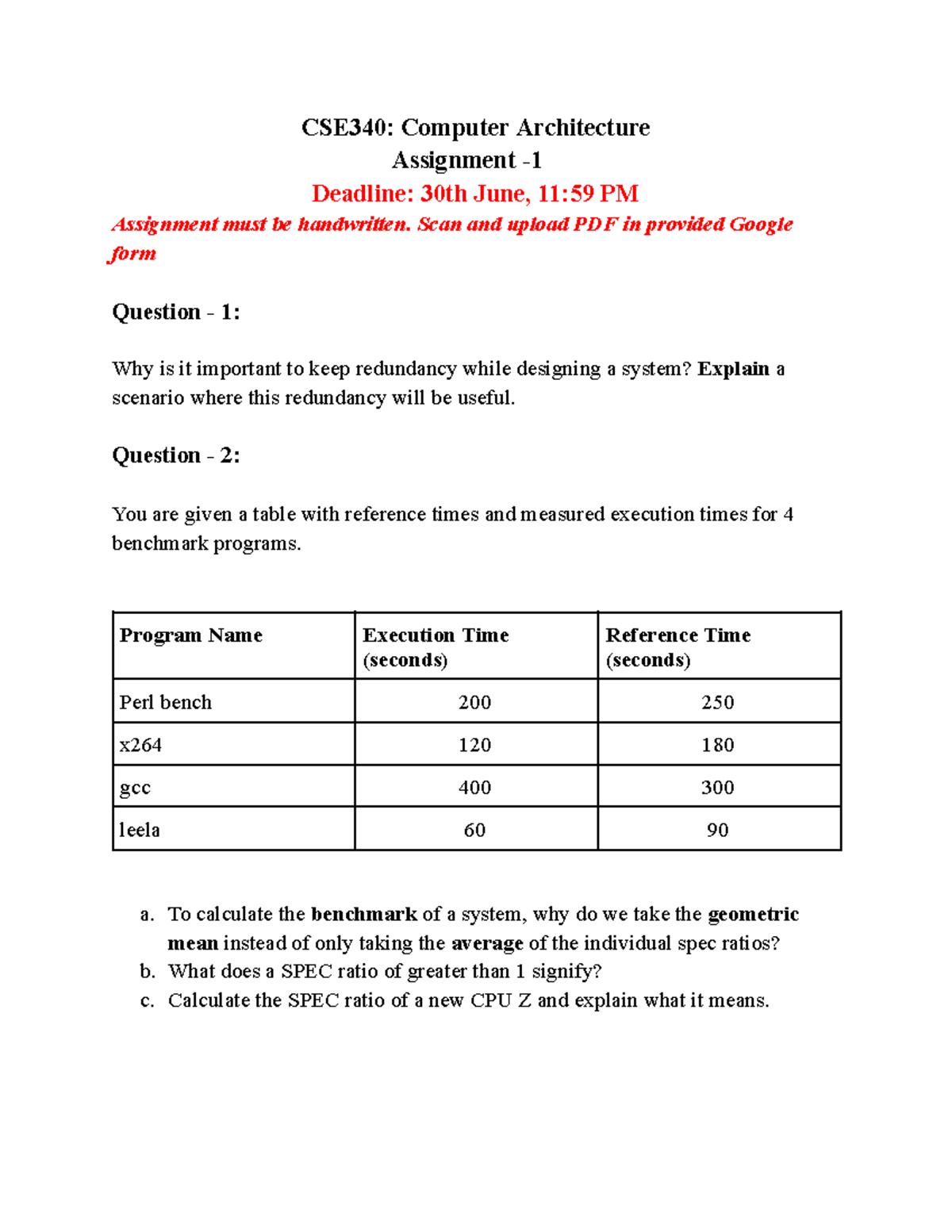 CSE340: Computer Architecture Assignment 1 - Key Questions & Guidelines ...