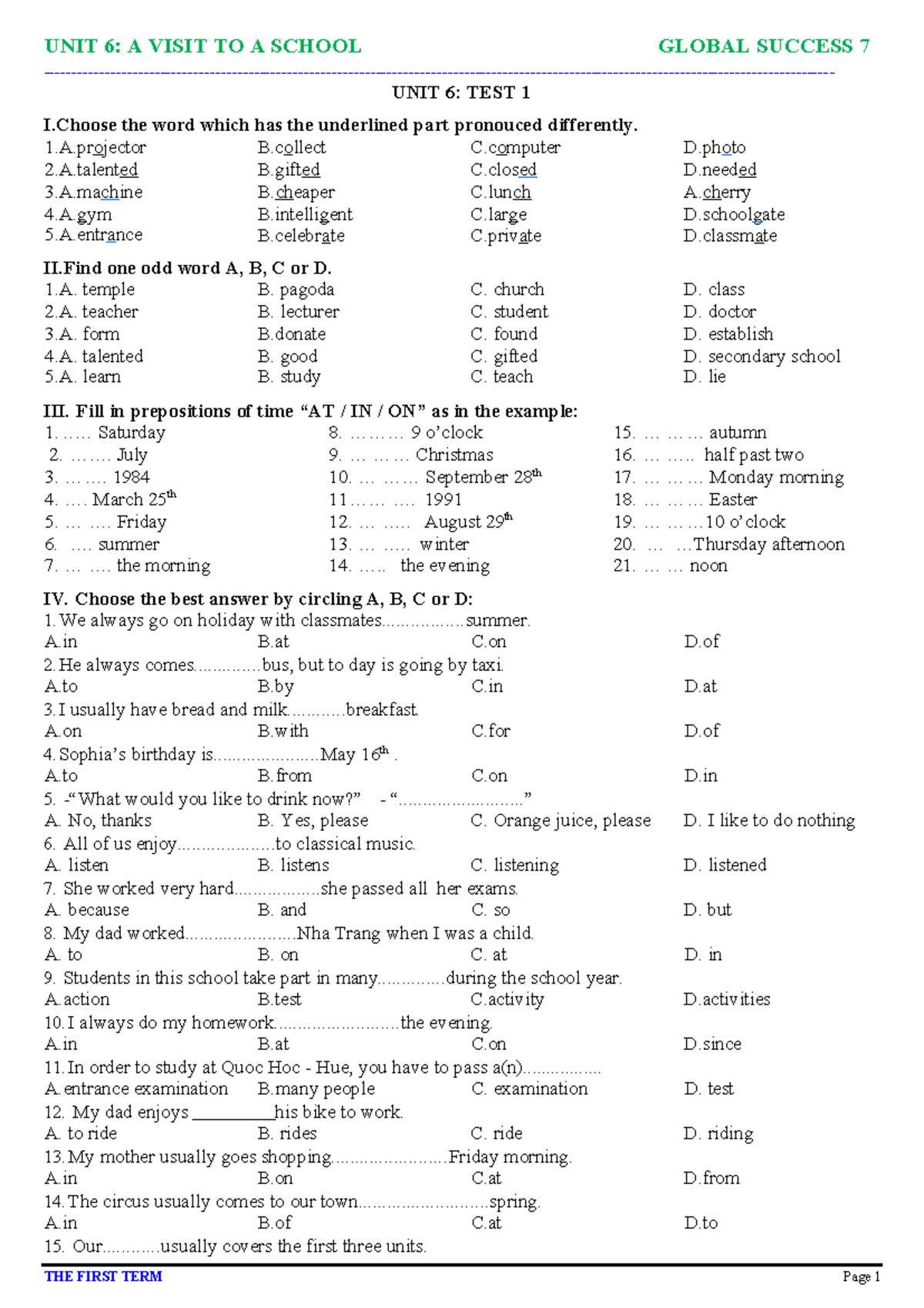 UNIT 6: A VISIT TO A SCHOOL - GLOBAL SUCCESS 7 TEST 1 & 2 - Studocu