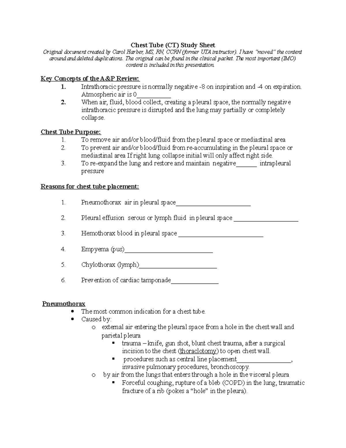 Chest Tube (CT) Study Sheet: Key Concepts and Nursing Actions - Studocu