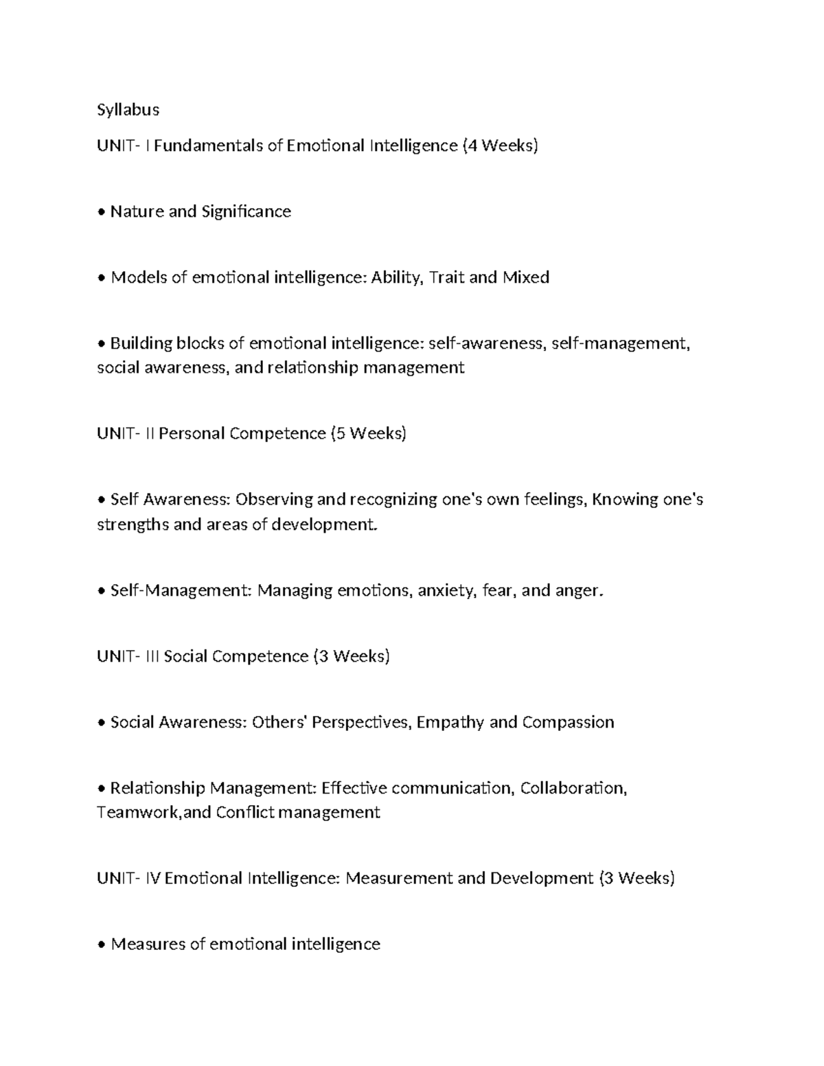 Syllabus for EI 101: Fundamentals of Emotional Intelligence (4 Weeks ...