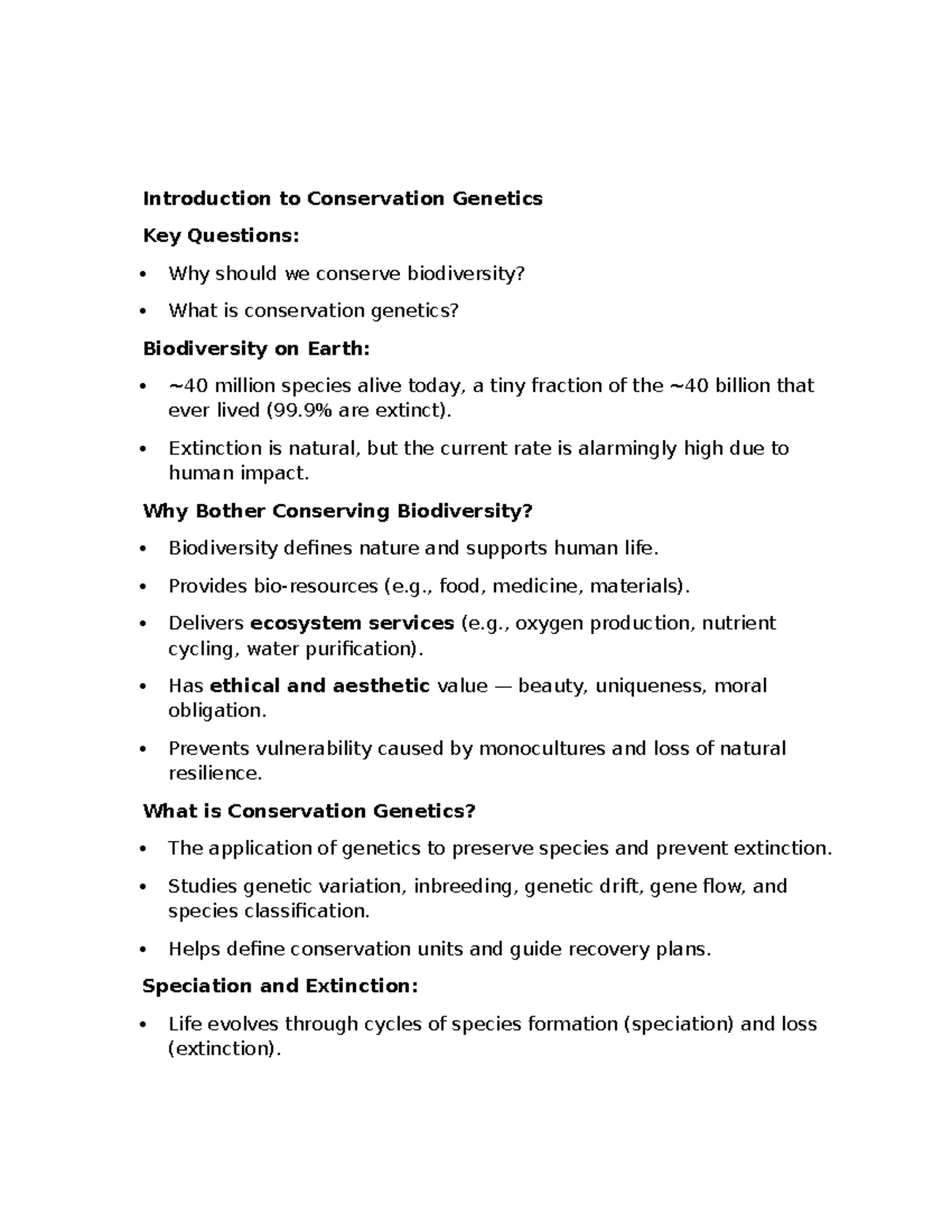 Conservation Genetics Lecture 1 Summary: Importance & Key Concepts ...