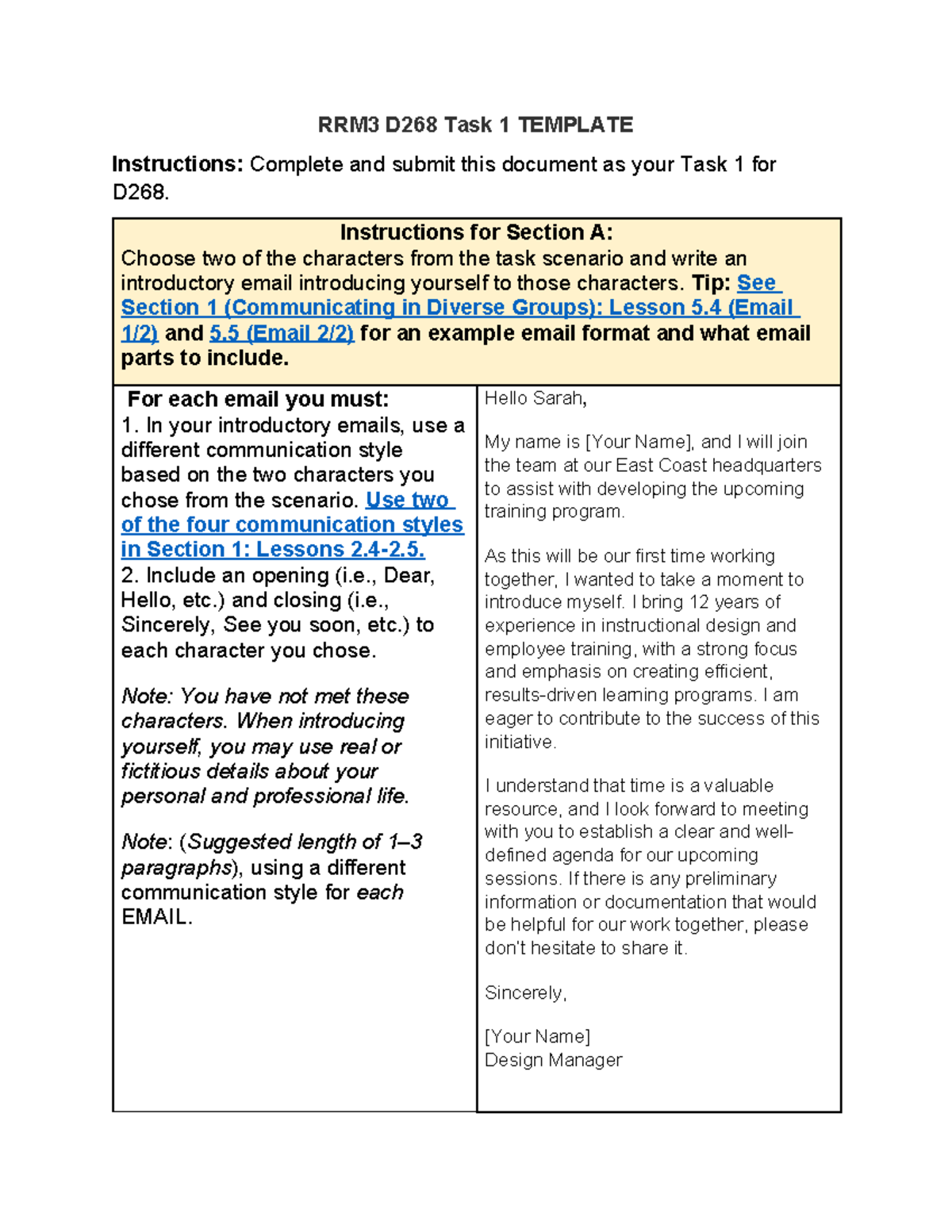 RRM3 D268 Task 1: Character Introduction Email Template - Studocu