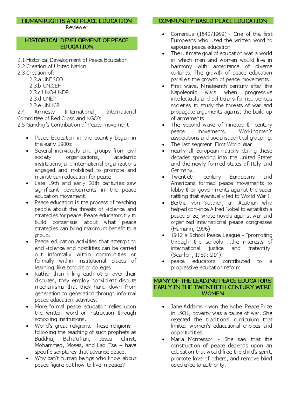 HUMAN RIGHTS AND PEACE EDUCATION: A Comprehensive Review (HIST 101 ...