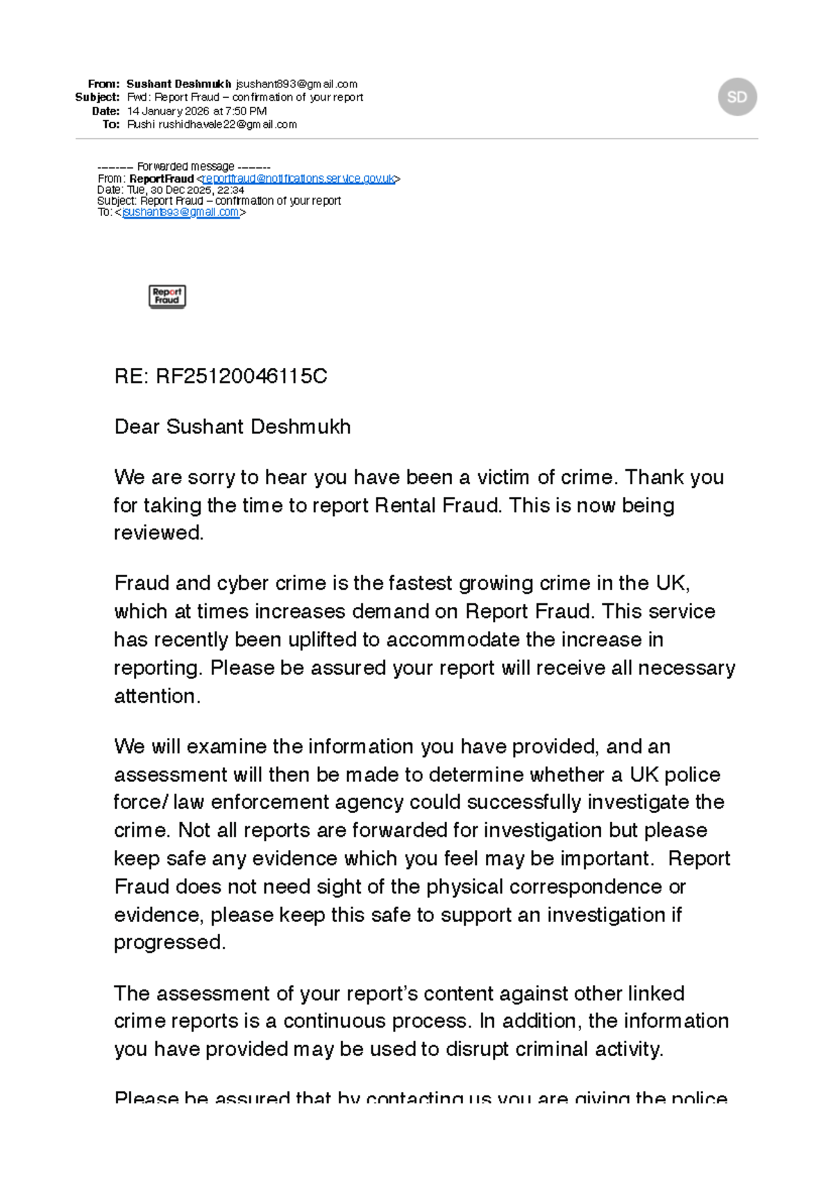 Fwd: Report Fraud Confirmation - Important Guidance on Rental Fraud ...