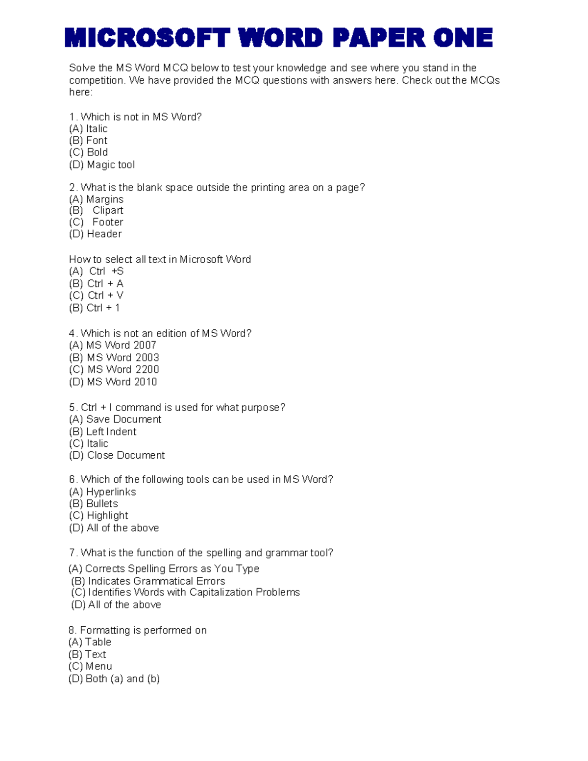 MICROSOFT WORD MCQ 30 - Test Your Knowledge on MS Word - Studocu