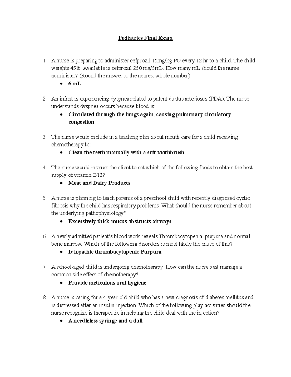 PEDS 401 Final Exam - Key Questions & Nursing Concepts Overview - Studocu