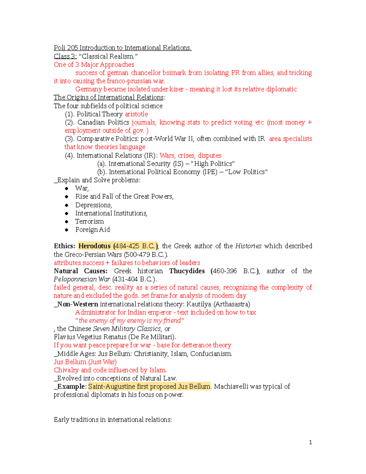Poli 205 Class 3 Classical Realism Lecture Notes - Poli 205 ...